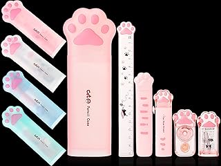 Ireer 6 Pcs Cute Cat Paw Stationery Set Include Cat Paw Pencil Case Cat Pencil Sharpener Cute Correction Tape Cute Retractable Erasers Paw Ruler Stationery Supplies for School Girls Cat Lover
