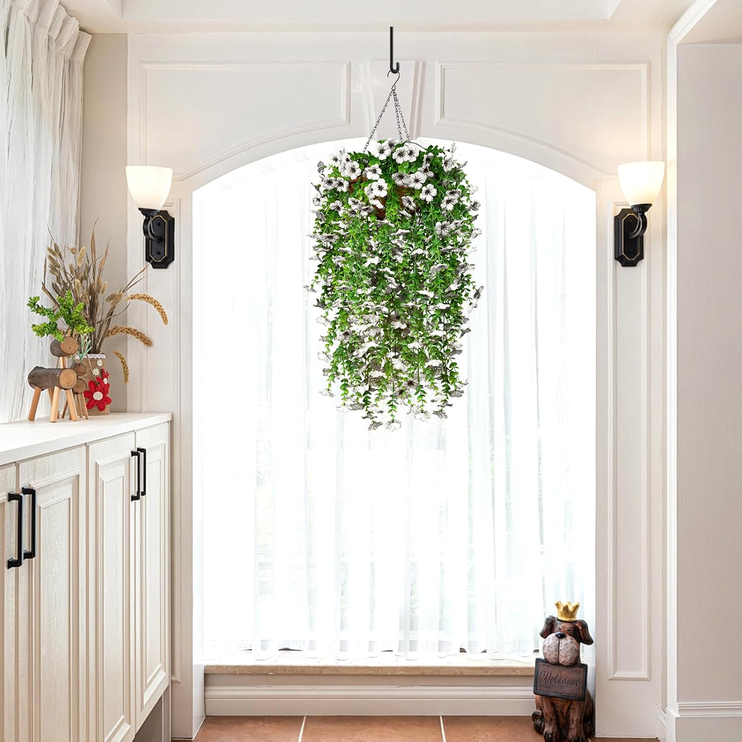 8 Pack White Artificial Fake Hanging Flowers for Outdoor Outside Faux Plants with Silk Daisy Summer Decoration UV Resistant Real Long Trailing Vines for Front Door Porch Planter Urn Decor (No Basket)