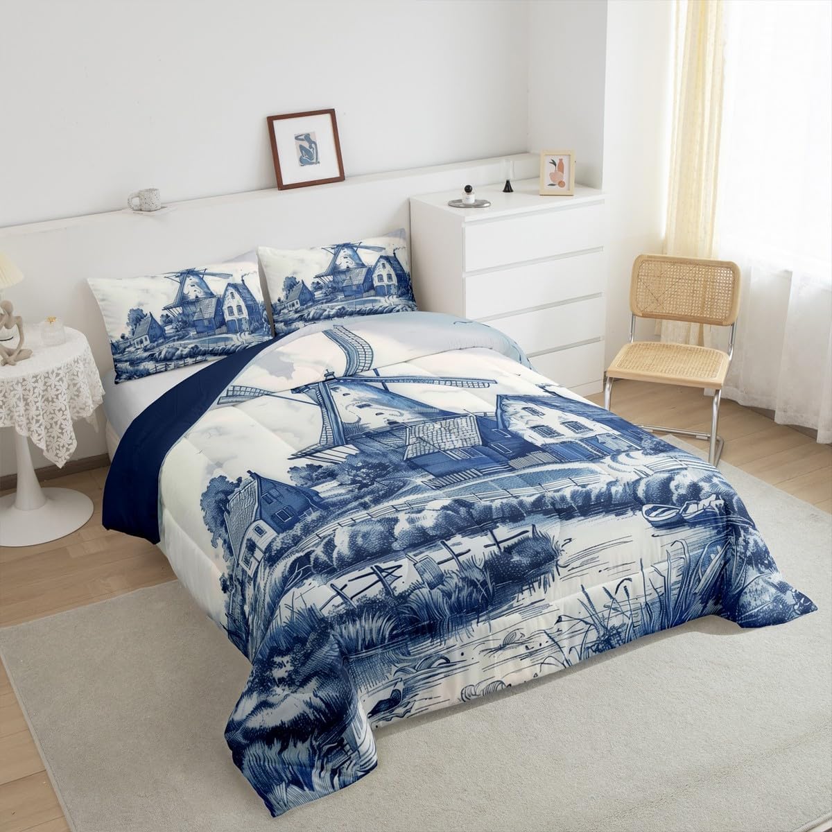 Erosebridal Vintage Dutch Windmill Bedding Set Queen Size Delft Blue Farm Comforter Rustic Farmhouse Duvet Insert,Soft Lightweight