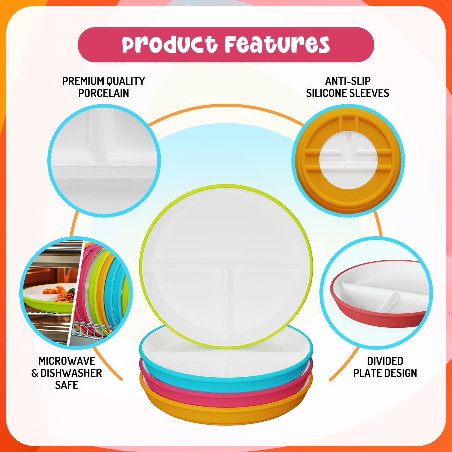 Kids Porcelain Plates with Anti-Slip Silicone Sleeves | Microwave & Dishwasher Safe | Premium Divided Toddler Plates for Eating | Perfect for Toddlers & Kids