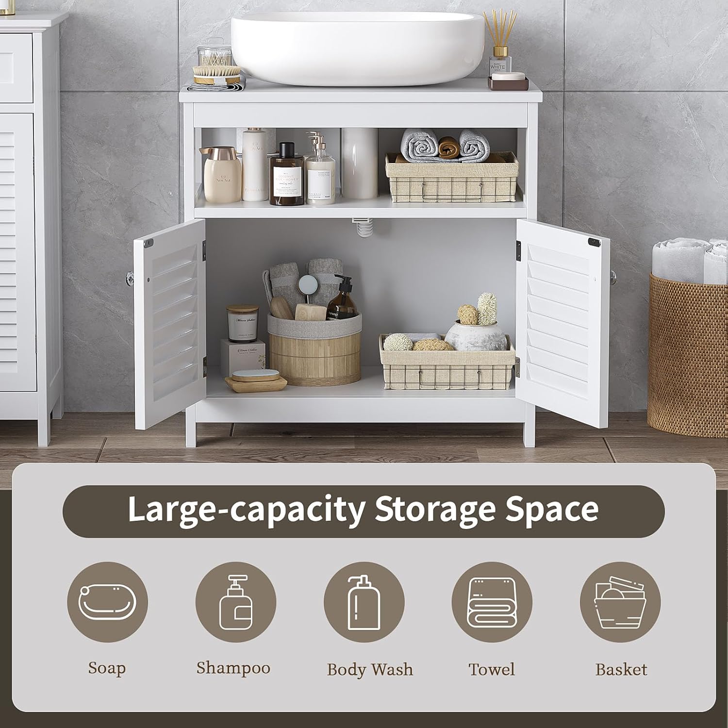 U-Shaped Under Sink Storage Cabinet with 2 Doors & Open Shelf, Freestanding Bathroom Vanity Organizer for Pedestal Sink, Water-Resistant MDF Cabinet for Toiletries & Cleaning Supplies, White