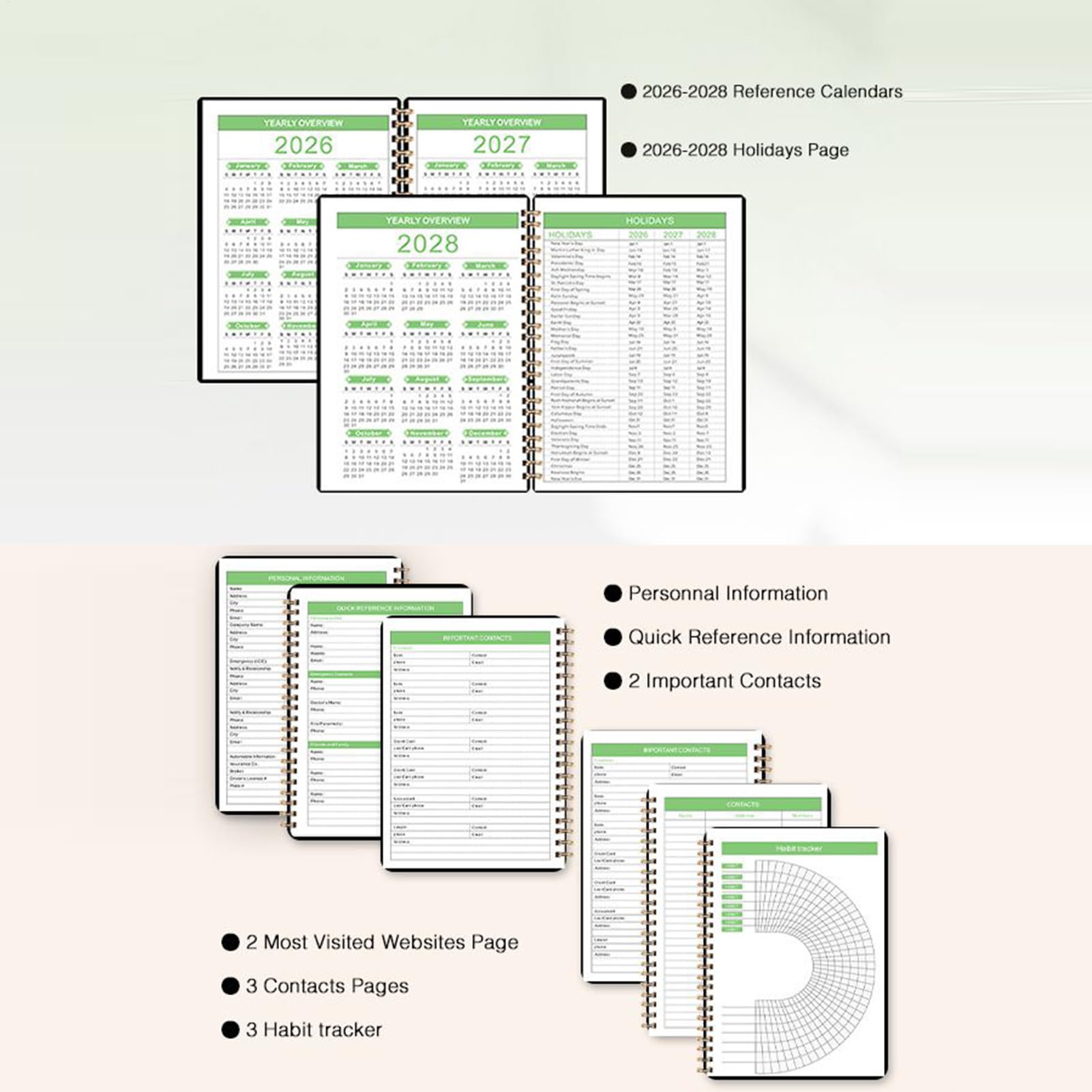 Planificateur de calendrier 2026-2028 – Agenda de rendez-vous mensuel, carnet relié en spirale avec 36 intercalaires mensuels, notes de travail et affaires