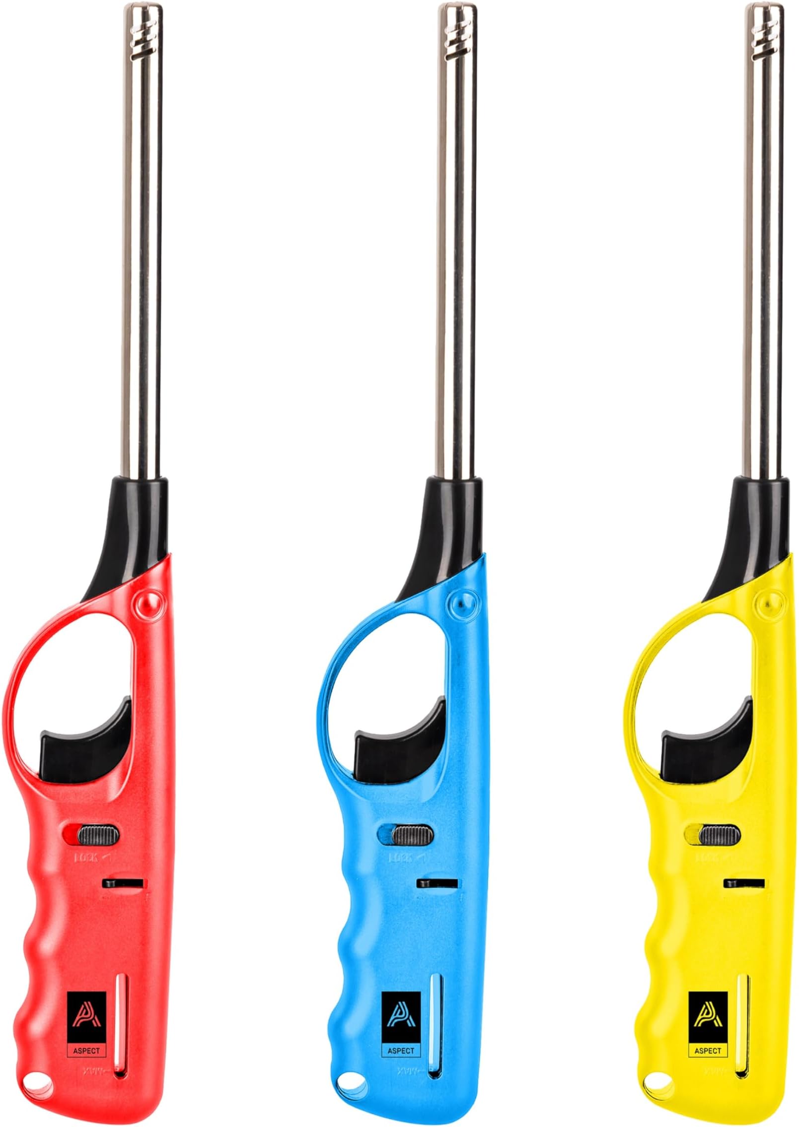 3 x Refillable Gun-Shape Gas Lighters Long Reach BBQ & Kitchen Lighters, Assorted Colours for Candles, Fireplaces & Camping