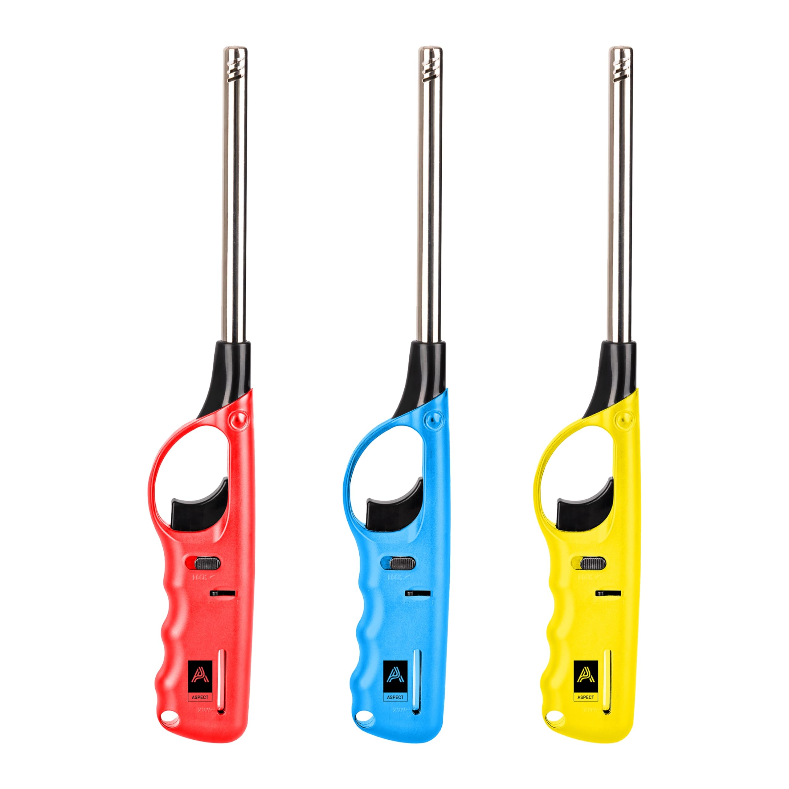 3 x Refillable Gun-Shape Gas Lighters Long Reach BBQ & Kitchen Lighters, Assorted Colours for Candles, Fireplaces & Camping