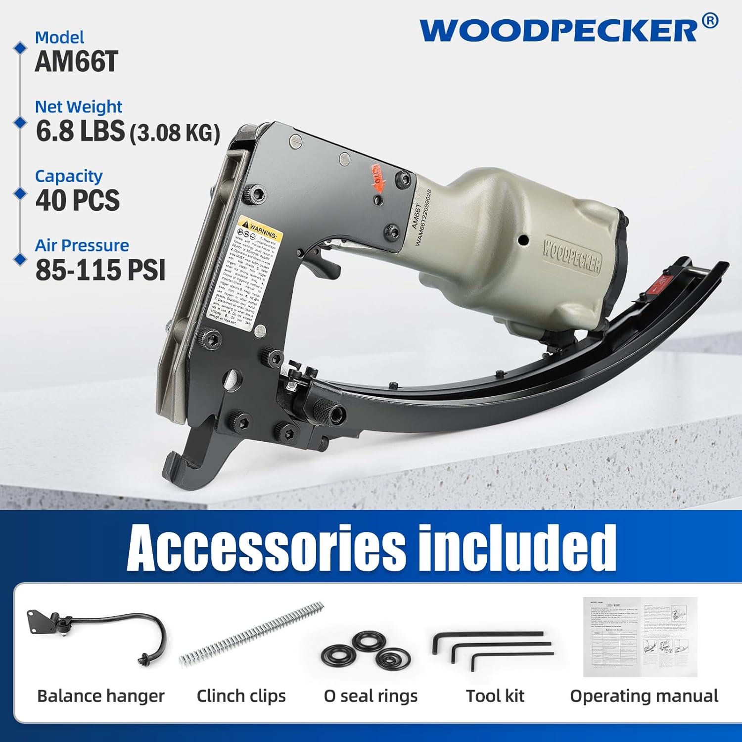 Woodpecker AM66T Pneumatic Clinching Clipper Tool, Vertex Fastening/Hartco Clipper Tool/J Clips Tool for Mattress, Wire Binding and Spring Fixing