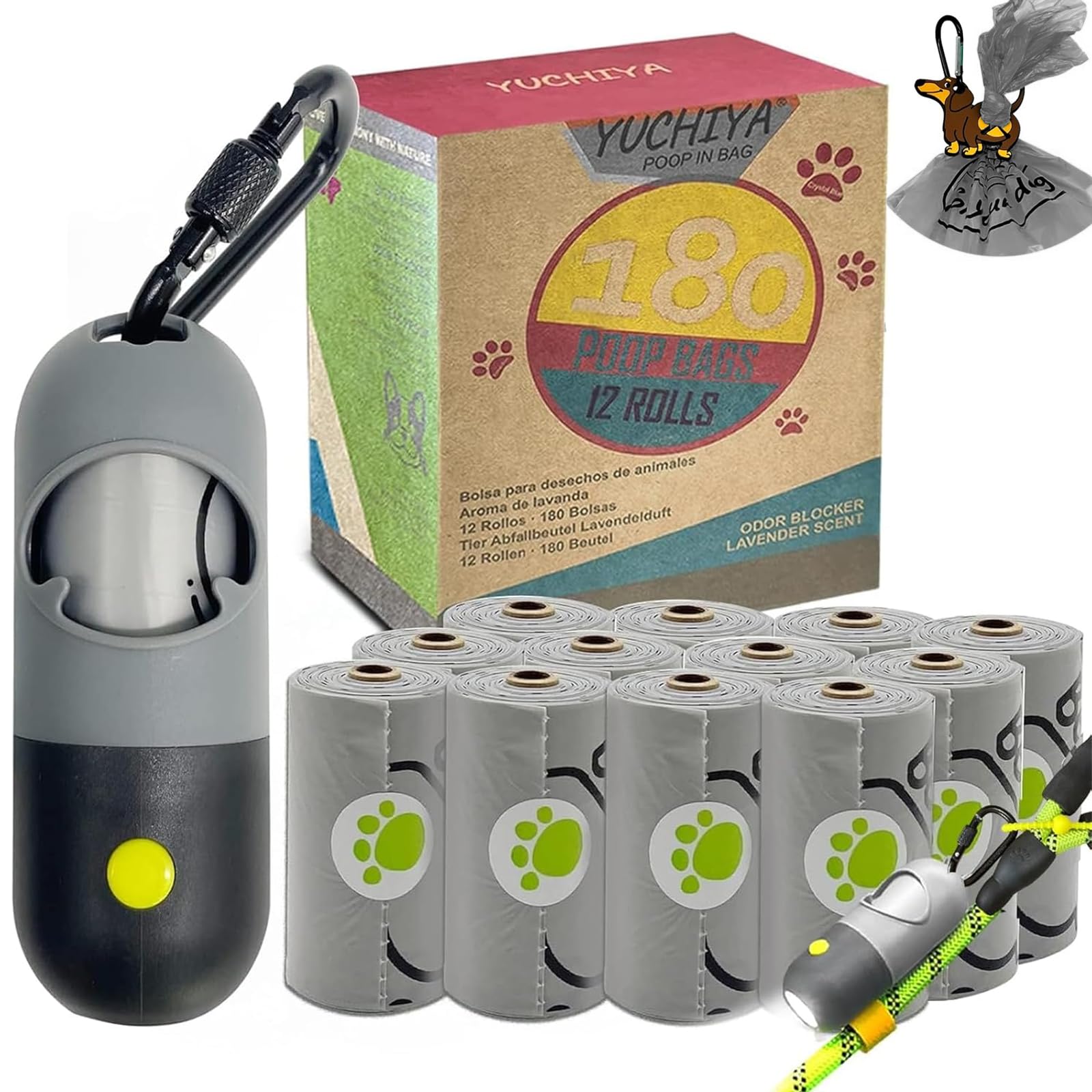 Dog Poop Waste Bags Holder with LED Flashlight|Cute Doggie Poo Bags Dispenser for Pet Leash|Trash Waste Bags Carrier with Potty Clip Fastener LR44