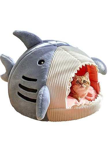 QWINEE Cat Mat Shark-Shaped Kennel Kitten Bed Hideout House Warm Soft Comfortable Semi-Closed Cat Dog Nest Blue L - Large - Blue