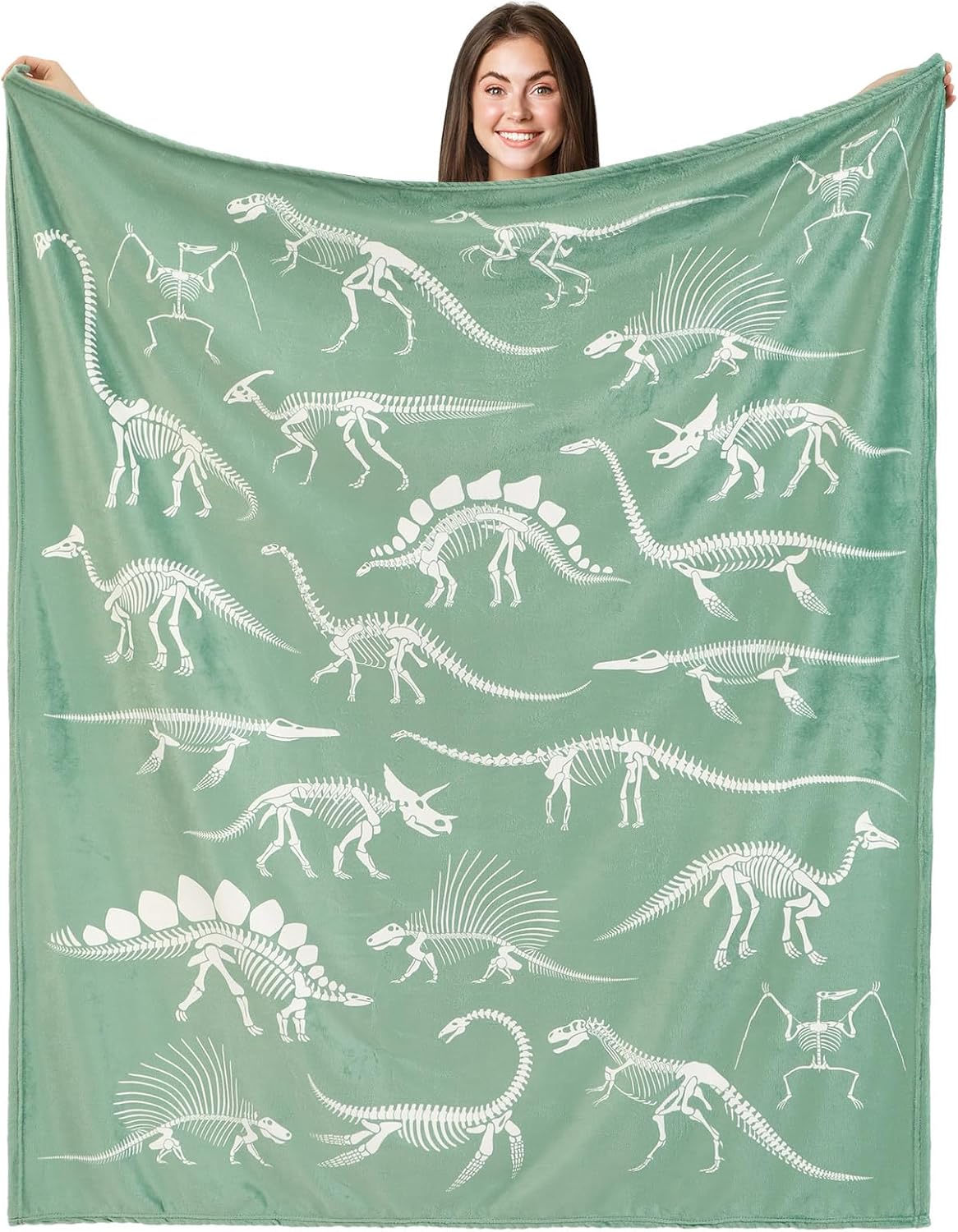 Dinosaur Fossil Blanket 50 x 60 in Dino Skeleton Throw Blanket | Green Gothic Dinosaur Pattern Gifts for Boys, Soft Flannel Plush Decor Accent for Home Sofa Bedding Travel Flannel