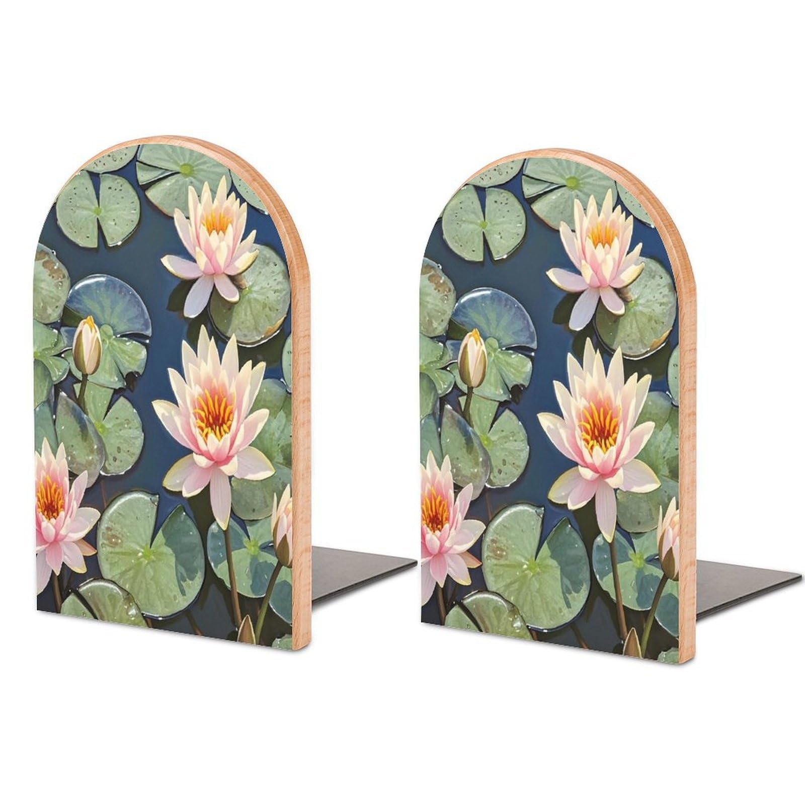 Peach Water Lily Painting Bookend for Shelves Unique Book End Sturdy Books Holder Heavy Duty Wooden Bookends Support Non-Slip Book Organizers Decorative Modern Bookend Holder for Home