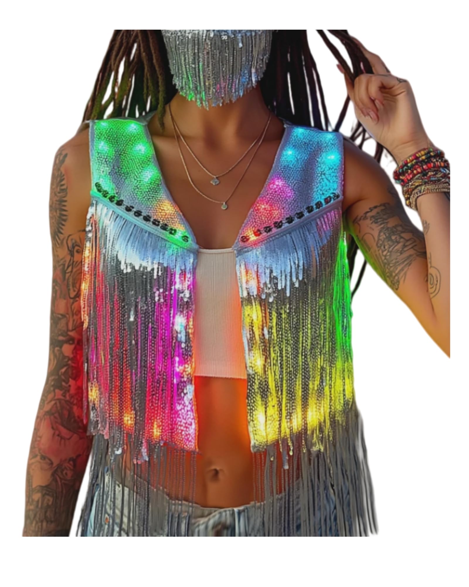 Womens Led Light Up Sequin Fringe Vest Sparkly Fitted Jacket Cardigan Silver Shiny Glitter Tops Cowgirl Disco Party-image-48
