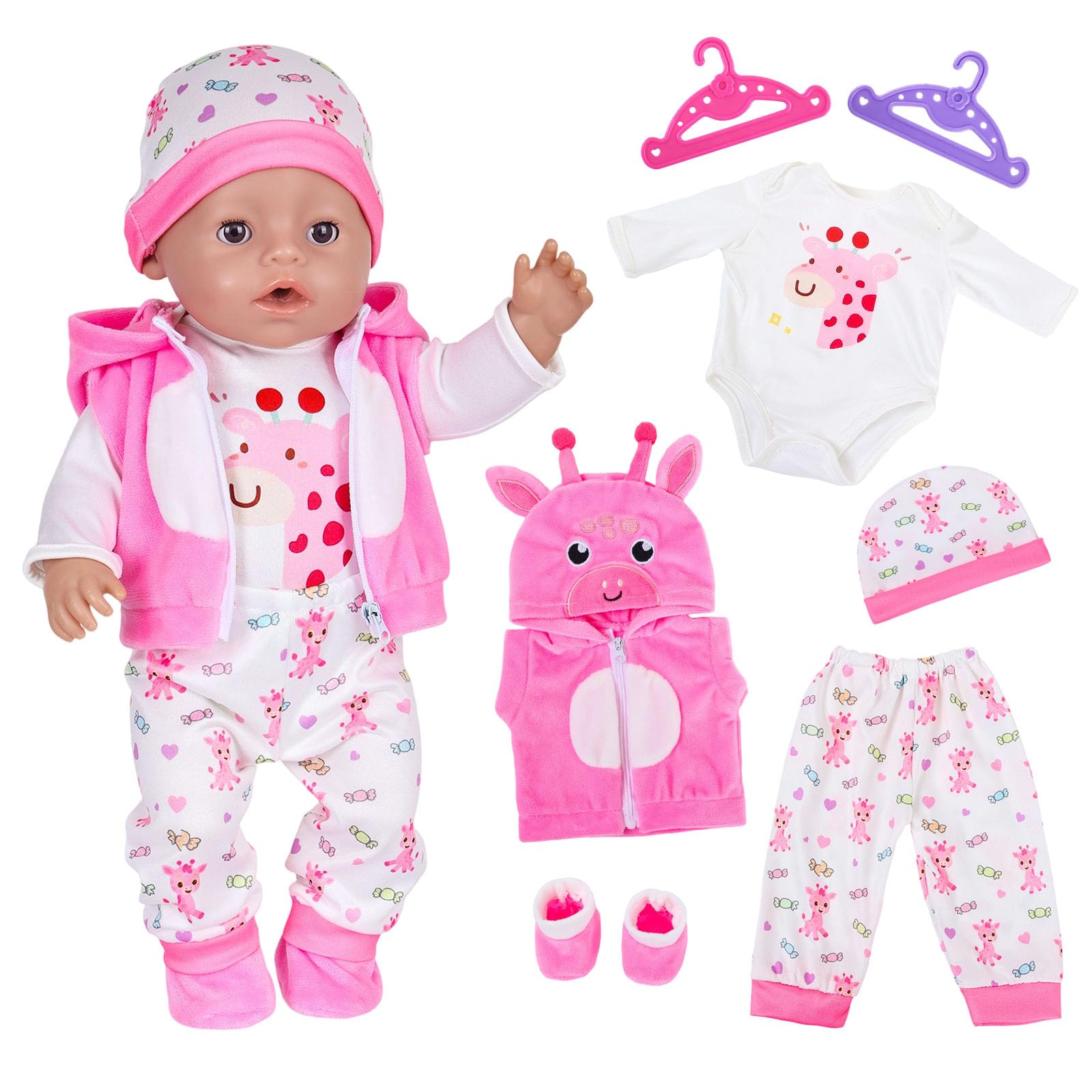 7 Pcs Giraffe Baby Doll Clothes for 14-17 inch NewBorn Baby Doll, Pink Candy Doll Clothes Outfit with Onesie Giraffe-Horn Coat Trousers Socks Hat Hangers, 35-45 cm Doll Accessories Sweet Gift for Kids