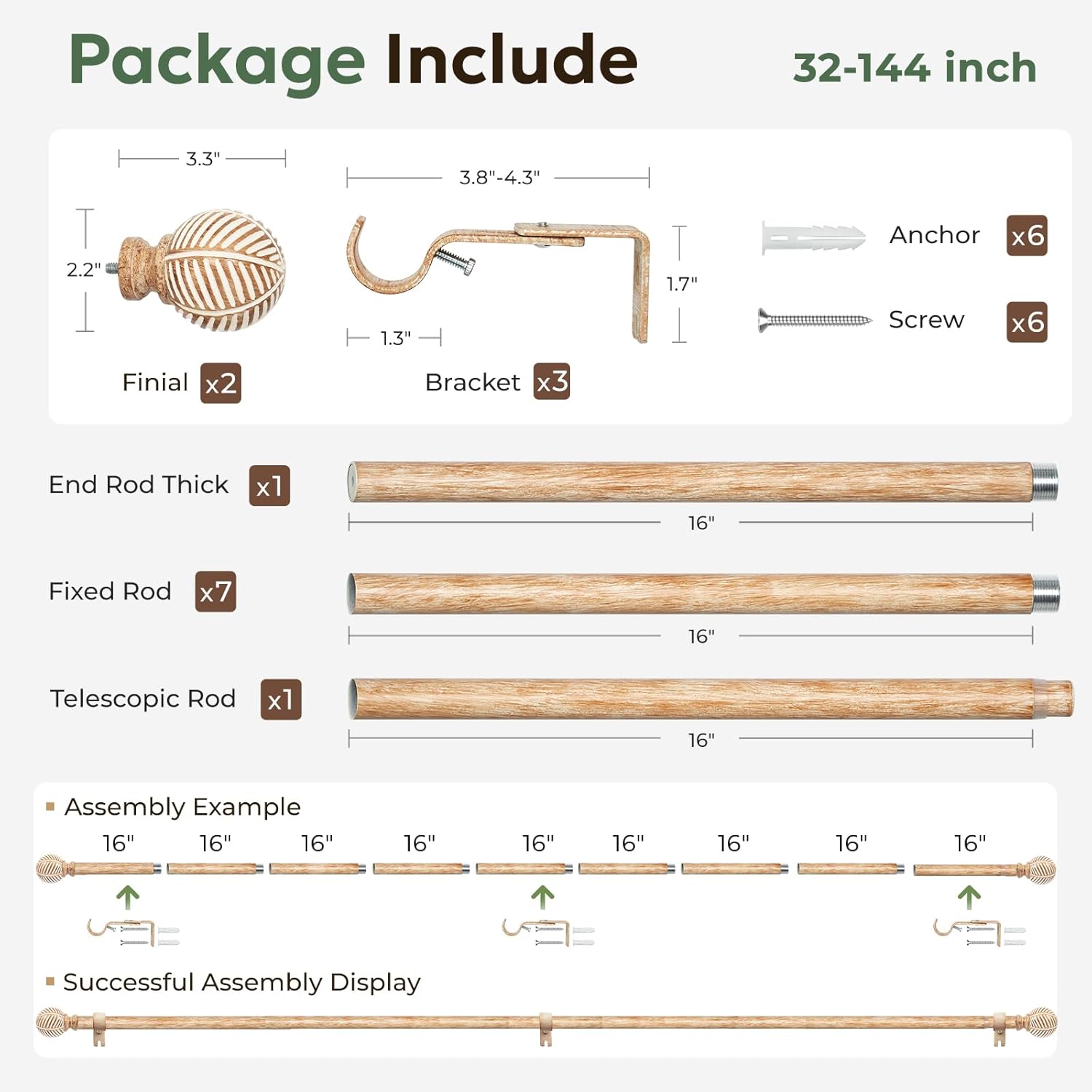 Zeerobee Wood Curtain Rods for Windows 32 to 144, 1 Inch Heavy Duty Drapery Rods with Imitation Wood Grain Leaf Pattern Finials, Indoor/Outdoor Modern Curtain Pole, 32"-144", Brown