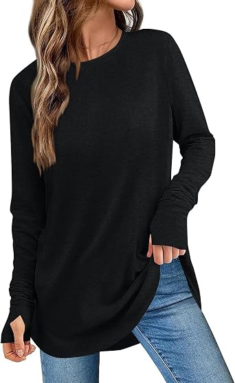 Spring Tops for Women 2025 Casual Long Sleeve Thumb Hole Shirts Plus Size Crew Neck Blouses Basic Solid Tees Clothes