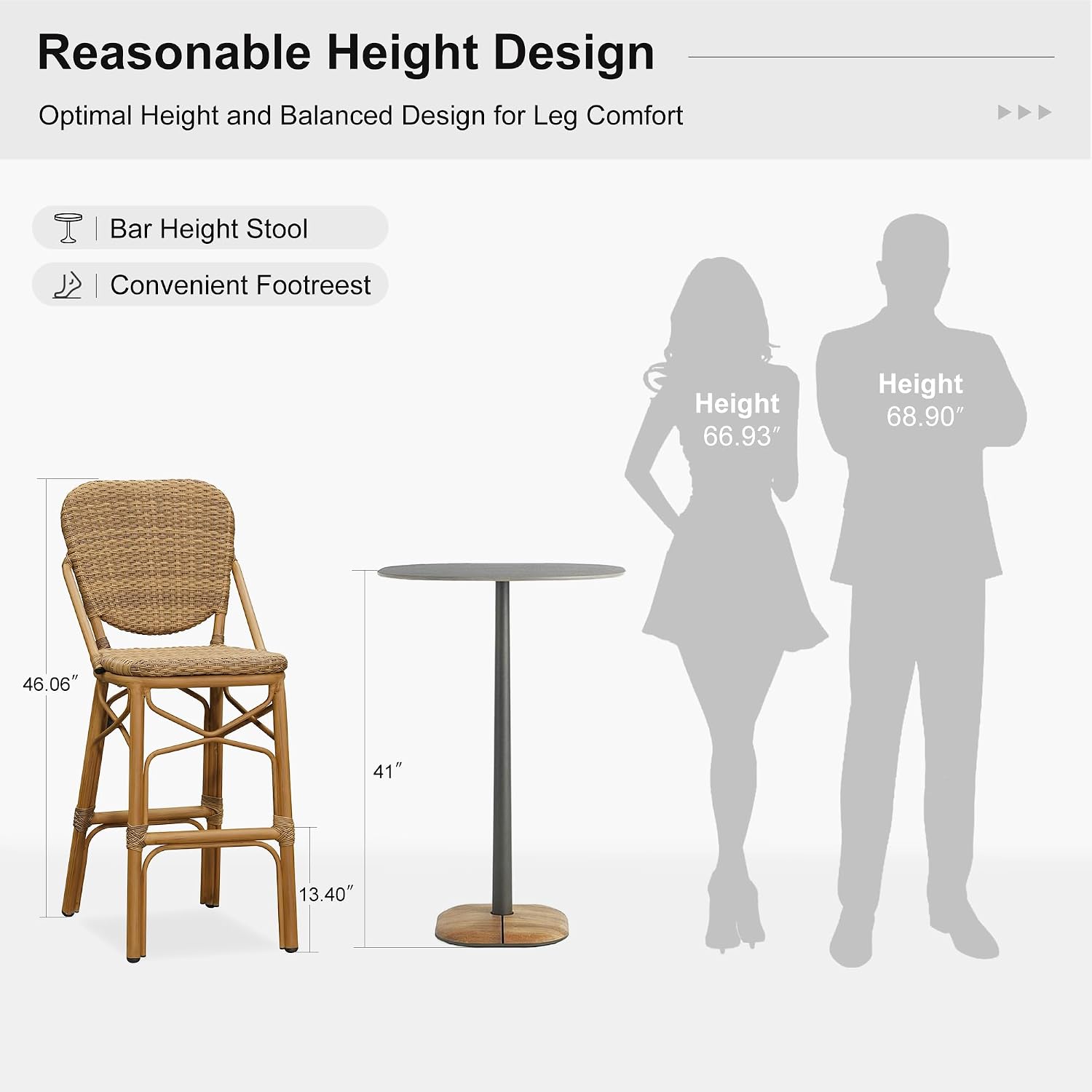 PURPLE LEAF French Bar Stools Set of 2 Patio Rattan Aluminum Bar Height Bamboo Pattern Finish Barstools with Full Wicker Back for Pool Garden Kitchen Island Outdoor Tall Bar Chairs, Brown