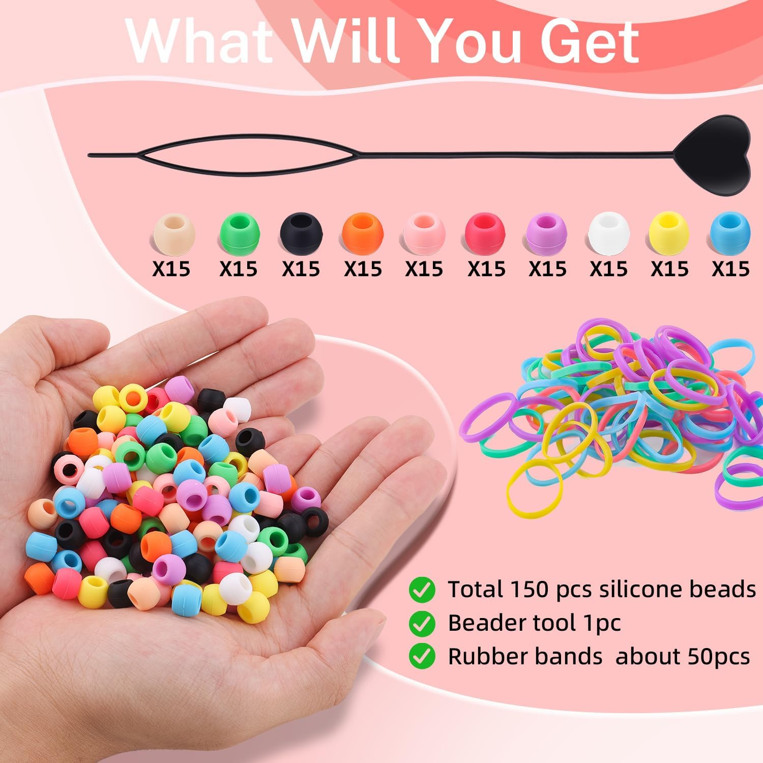 150Pcs 10mm Small Silicone Beads for Hair Braids, Soft Jellyish Pony Hair Beads with 5mm Hole + 50 Rubber Bands and 1 Beader for Braiding, DIY Bracelets Necklaces Crafts (Multicolors) - Image 3