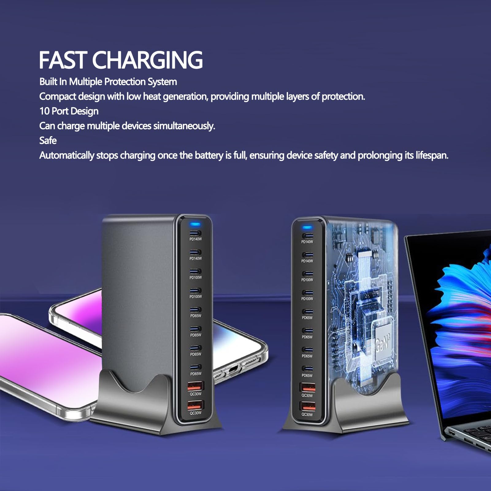 Sxhlseller Estación de Carga PD USB C de 880W, Cargador GAN de 10 Puertos para Uso Familiar en Viajes de Oficina, Carga Rápida PD de 880W con Múltiples Dispositivos (Enchufe de la UE)