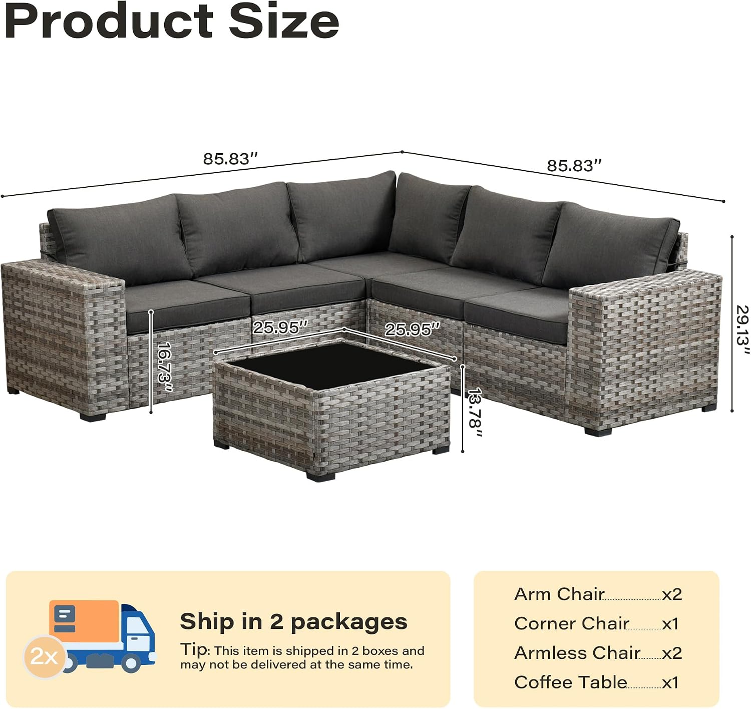 6 Pieces Patio Furniture Set, Wicker Outdoor Sectional Sofa with Coffee Table Comfy Cushions,Modern Modular Deep Seat Rattan Couch Conversation Set for Backyard Porch Yard,Black