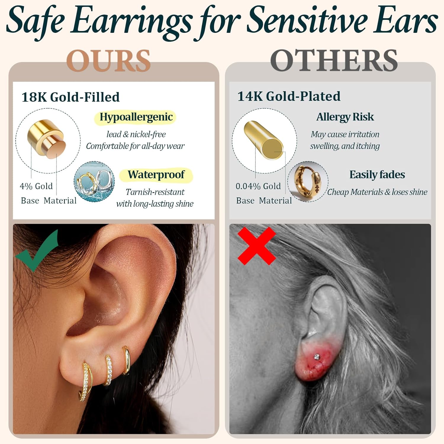 Small Sterling Silver Huggie Hoop Earrings Set for Women, Hypoallergenic 14K Gold Plated Hoops Stacks for Multiple Piercings, Dainty Cute Mini Lightweight Cartilage Studs Trendy Jewelry Gift - Image 3