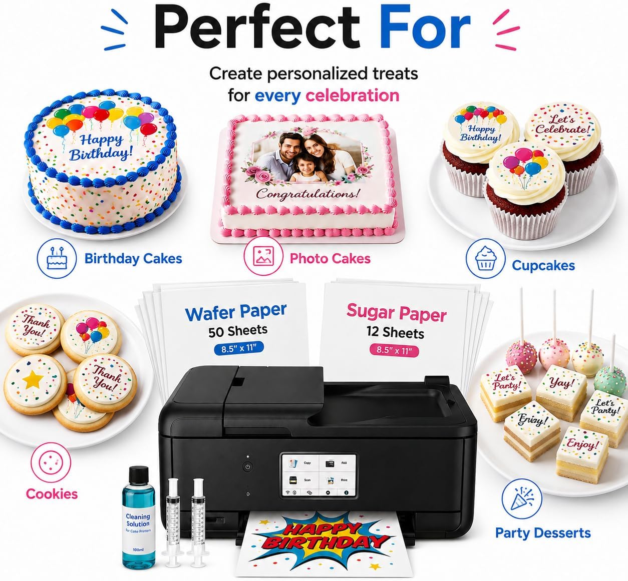 Ediblethingz Cake Topper Image Printer Bundle Kit, Includes Printer 50 Premium Wafer Paper Sheets, 12 Supreme Icing Sheets, Cleaning Kit, Wireless All-in-One