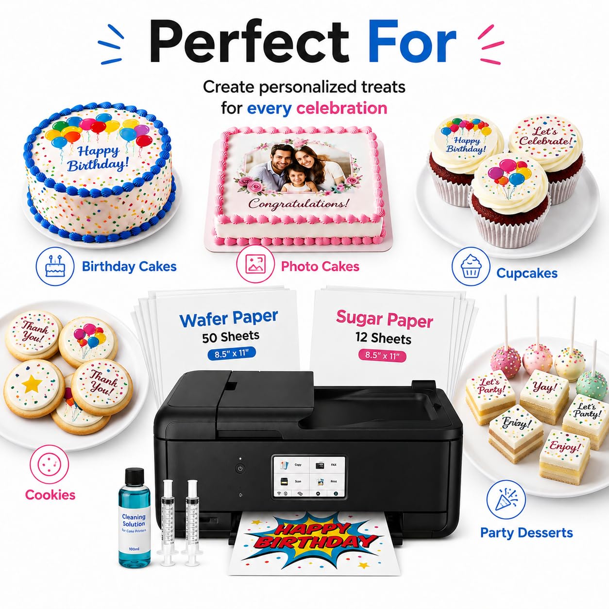 Ediblethingz Kit per stampante con immagini per cake topper per torte, include 50 fogli di carta di riso premium, 12 fogli di glassa Supreme, kit di pulizia, wireless All-in-One