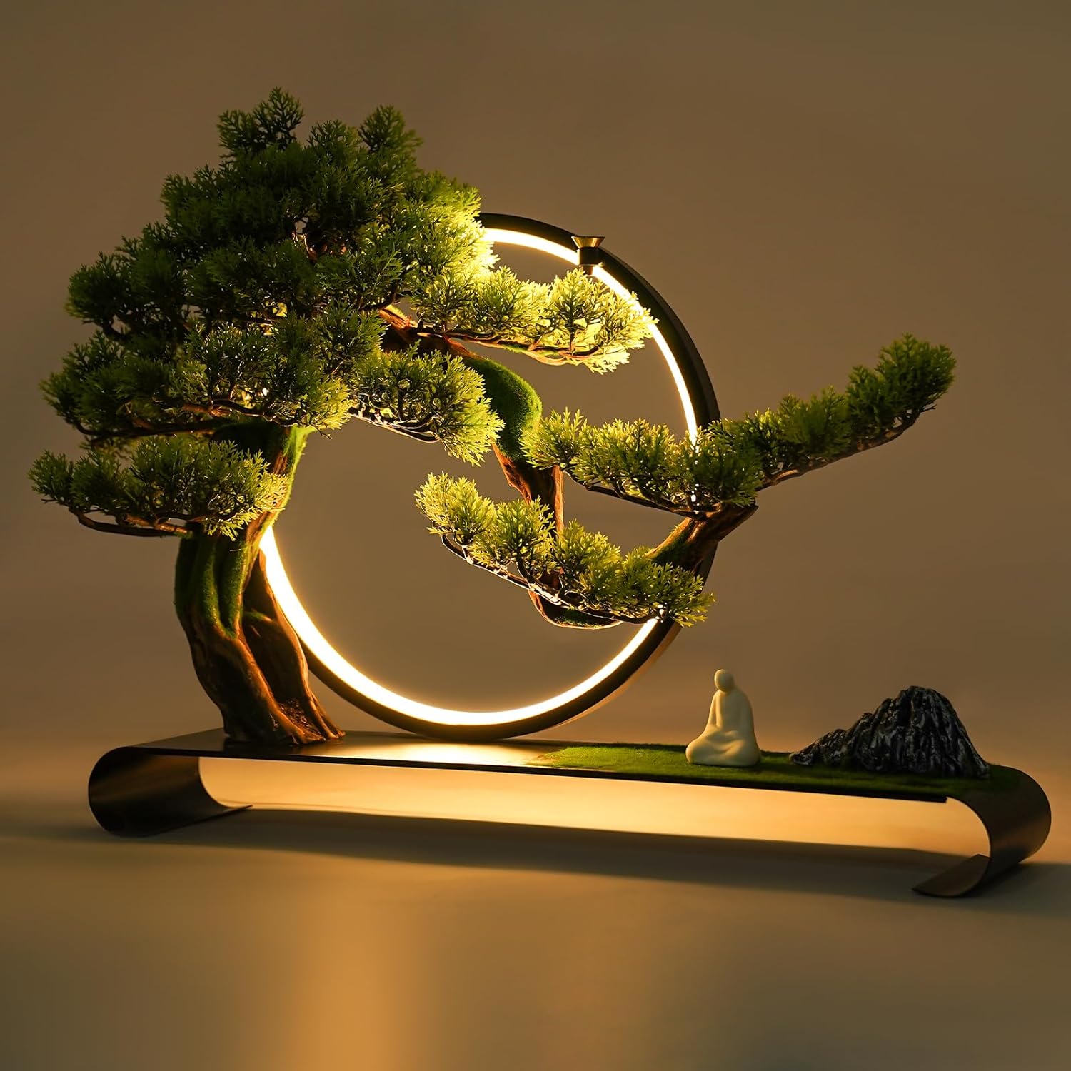 Artificial Tree with Light Ring, 5V Realistic Simulation Pine with Light Ring, Artificial Welcome Pine with Deer Decoration with LED Light，for Interior Space ((Zen Thought)