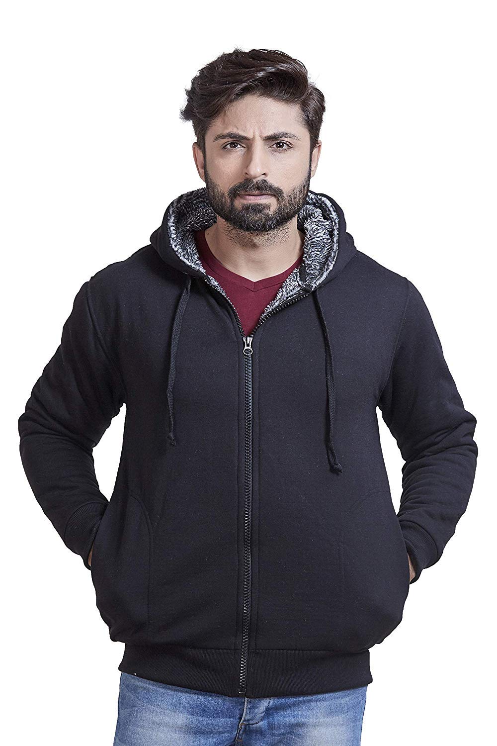 adbucks for Men’s Outdoor Down Zipper Thick Jacket Outwear with Black & White Inside Fur and Made by Rich Cotton Fabric with Hoodies-picture-39