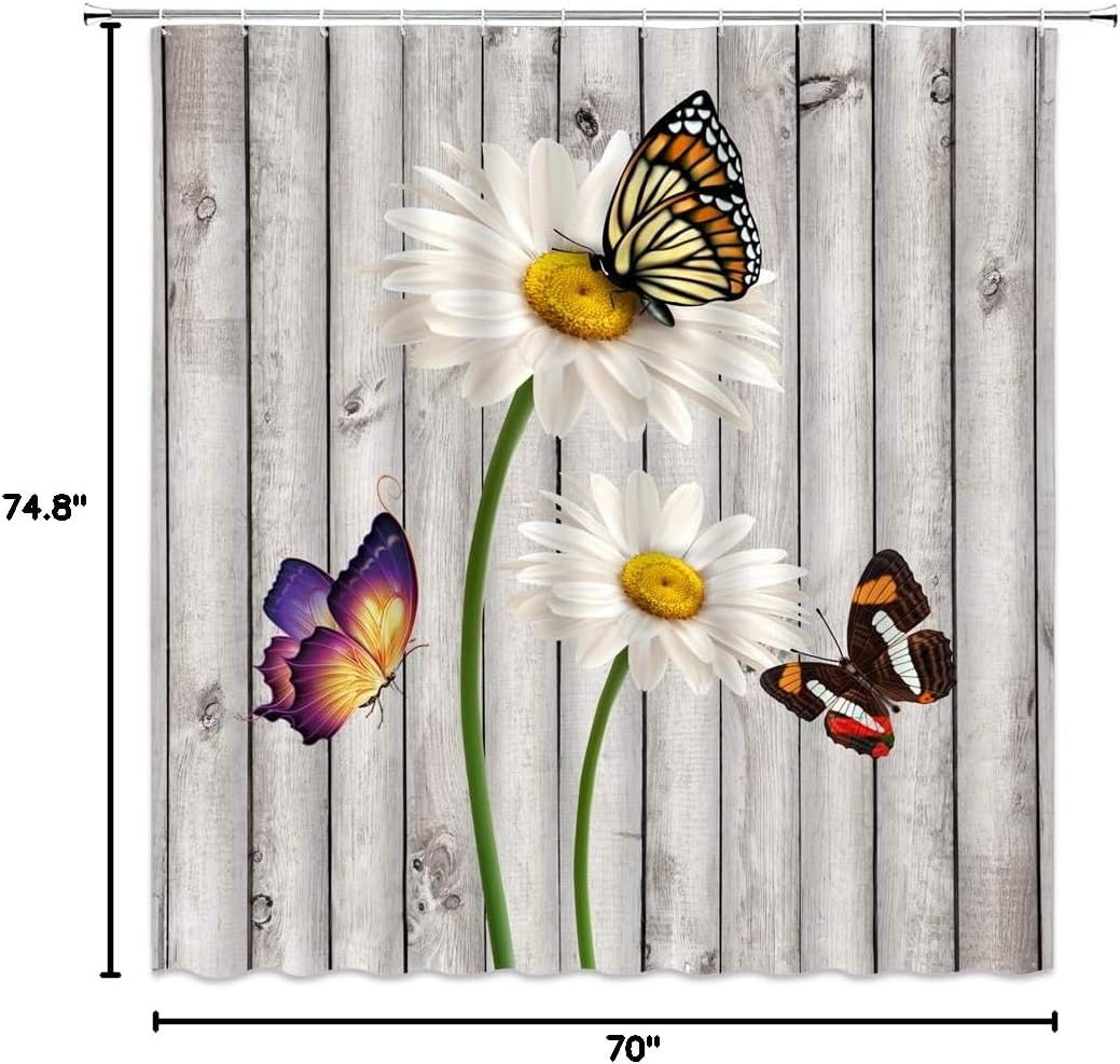 Rustic Daisy Shower Curtain Farmhouse White Daisy Flower Butterfly Vintage Gray Wooden Barn Door Farm Spring Flower Nature Botanical Retro Countryside Bathroom Decor Fabric Curtain with Hooks