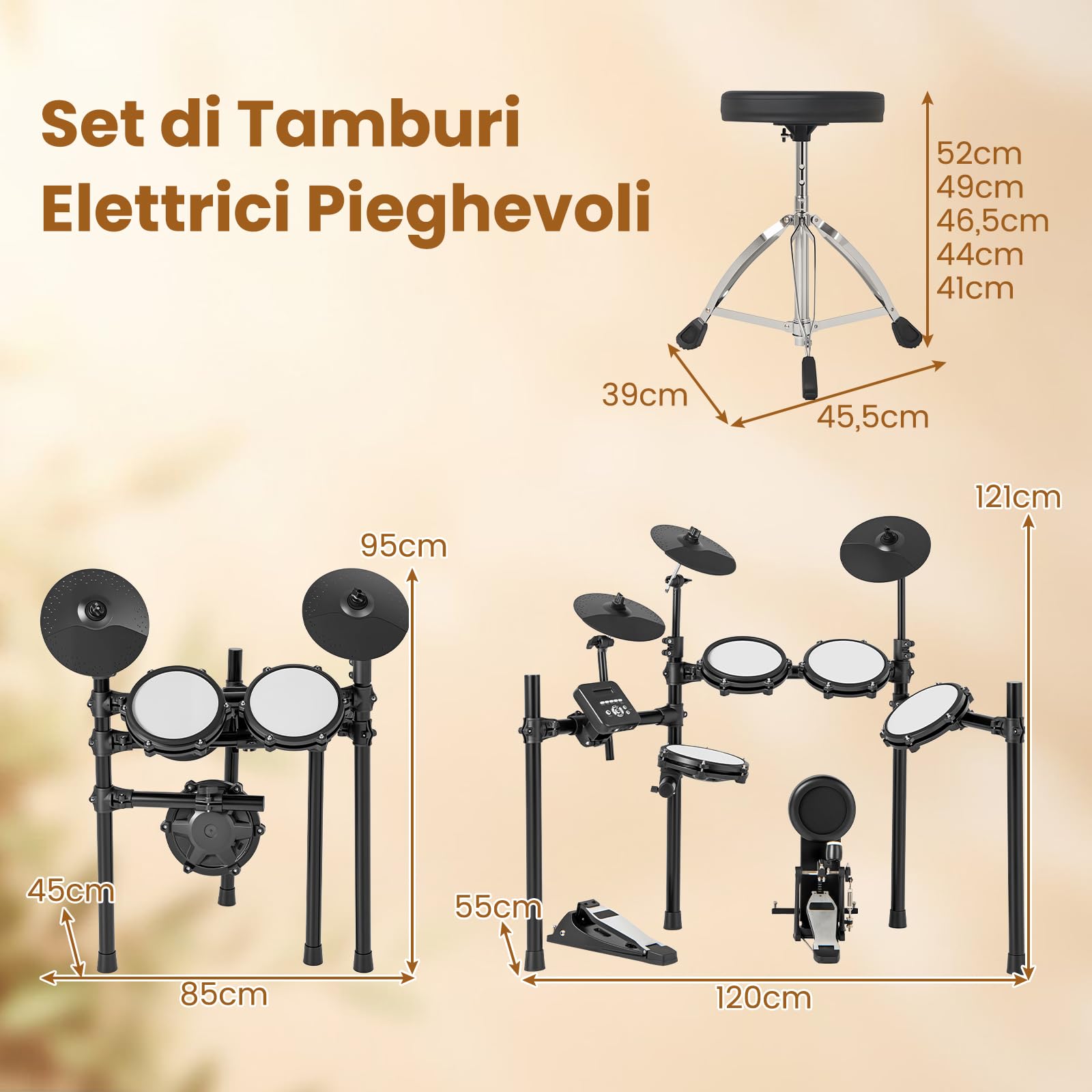 COSTWAY Set di Batteria Elettrica a 8 Pezzi, con 3 Piatti, 5 Pad a Rete, 2 Pedali, 225 Suoni e 30 Demo, Batteria Musicale Pieghevole per Principianti con Sgabello Regolabile, Bacchette e Cuffie