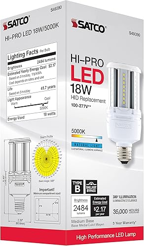 Miniatura 10 de Satco Bombilla LED HID S49390 Corncob, base media, 18 W, clasificación de 35000 horas, 2484 L, luz natural