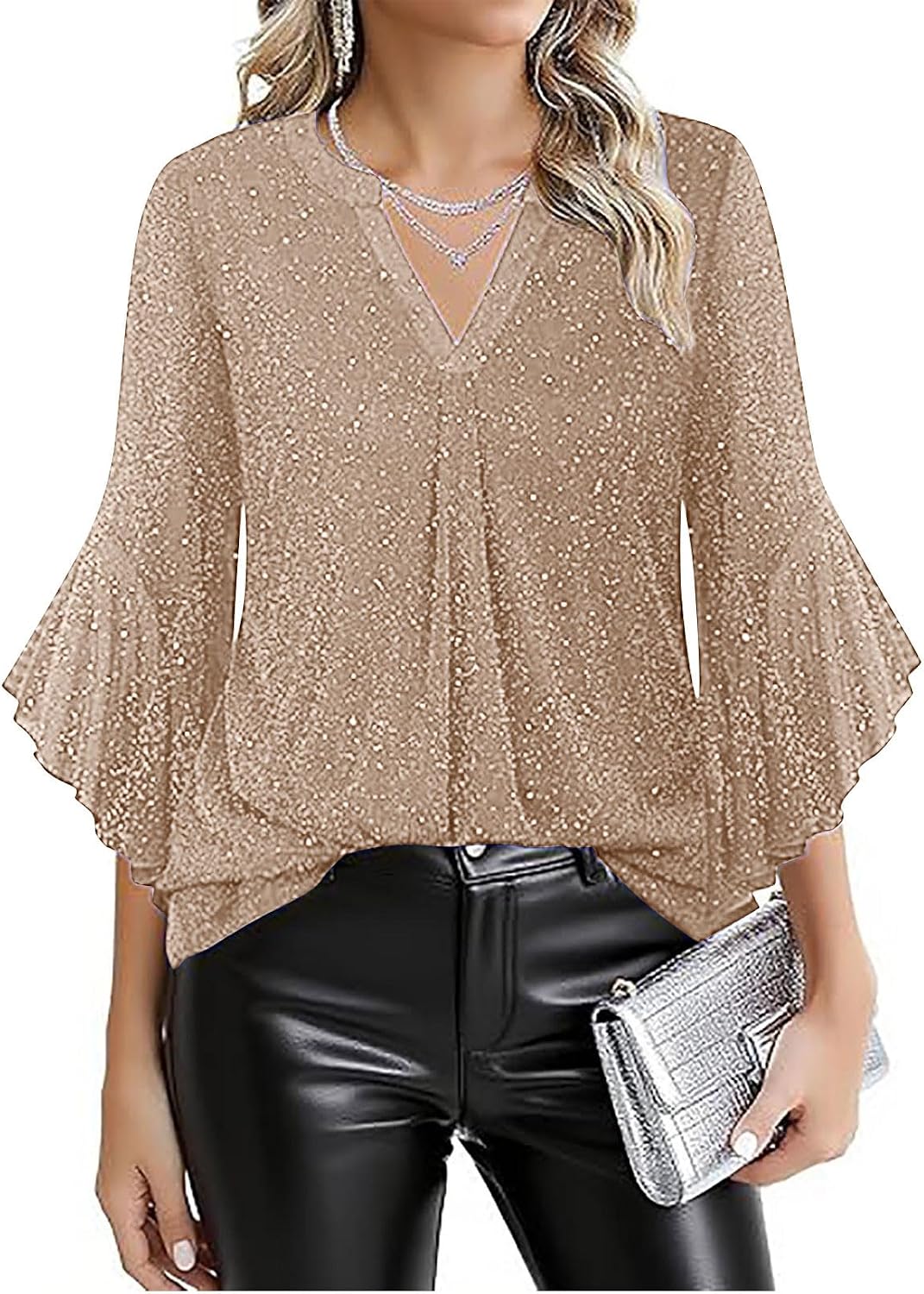 Women's 3/4 Sleeve Dressy Tops Elegant V Neck Blouses Three Quarter Length Shirts for Womens Casual Work Evening Party