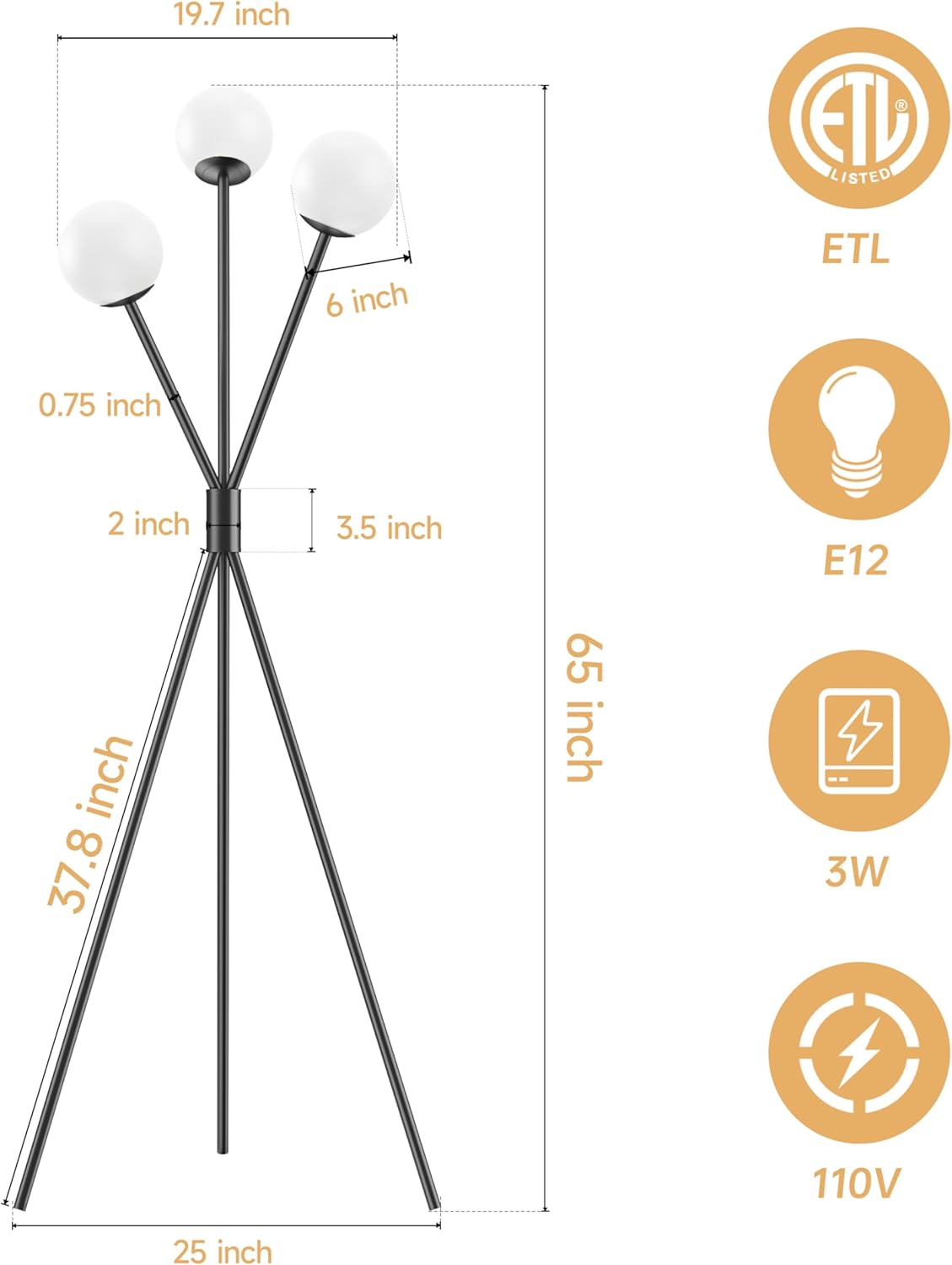 Maxax 3 Lights Globe Floor Lamps for Living Room, Modern Black Standing Lamps with White Glass Shade, Mid Century 65" Tripod Floor Lamp for Bedroom, Office