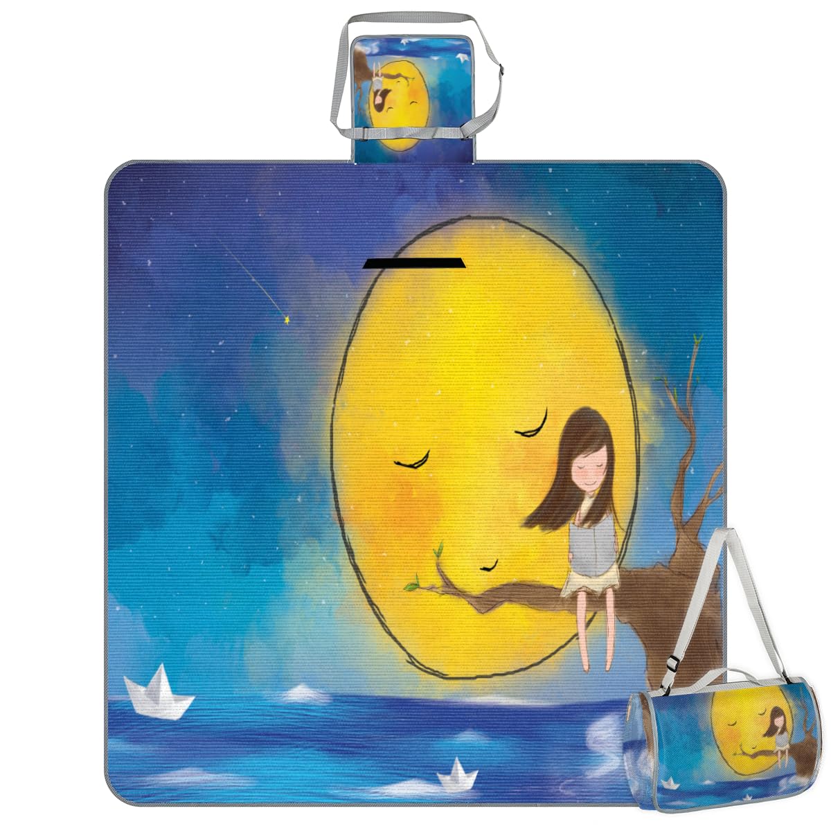 Shimoshe Picnic Blankets 57”x 59”, Starry Moon Tree Cartoon Girl Waterproof Sandproof Picnic Mat Lightweight Foldable Beach Blanket for Camping Park Grass Beach Outdoor Blanket