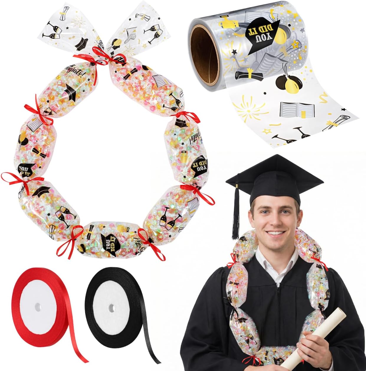 2026 Graduation Candy Leis Kit, 98 ft Tubing with 2 Ribbons, Congrat Grads DIY Necklace Making Supplies Scissors for Class of 2026-5.3" Wide for Snacks and Money Leis
