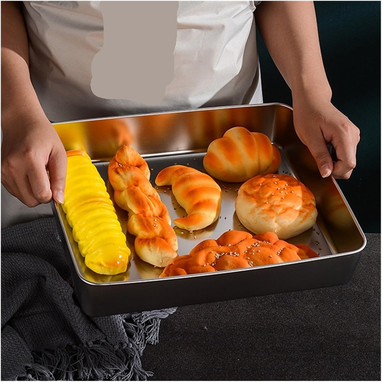 Stainless Steel Food Containers Stainless Steel Flat Bottom Storage Tray with Lid Square Food Plate Cake Bread Pastry Baking Pan (33x28.5x6.2 with Lid)