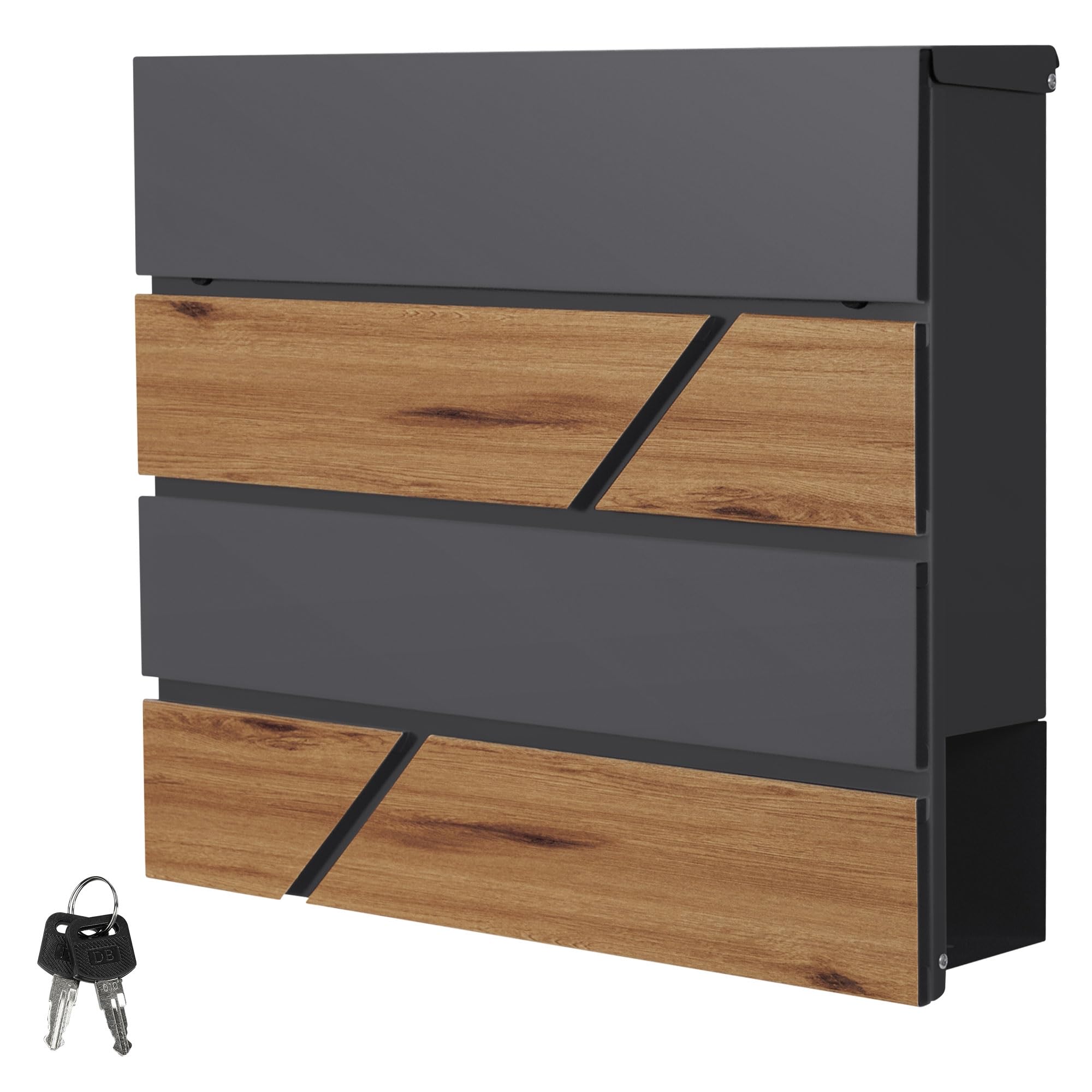ML-Design Buzón De Correo con Compartimento para El Periódico 37x37x11cm Acero Antracita Natural Aspecto De Madera Cerradura con 2 Llaves Solapa De Cierre Total Moderno Montado En La Pared Exterior
