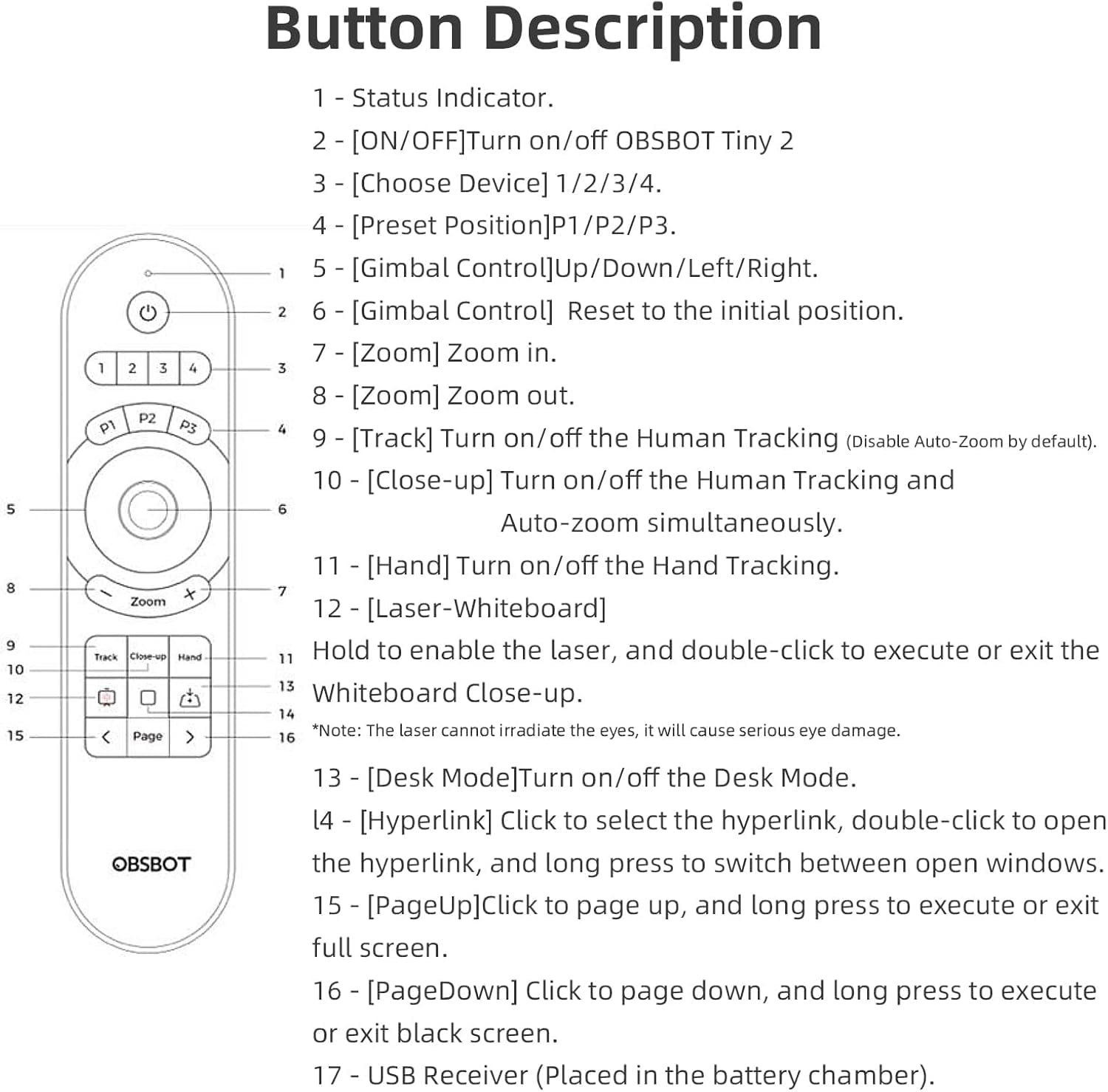 OBSBOT Tiny Télécommande pour webcams Tiny 3, Tiny 2, Tiny SE – Connexion sans Fil USB, 2 en 1