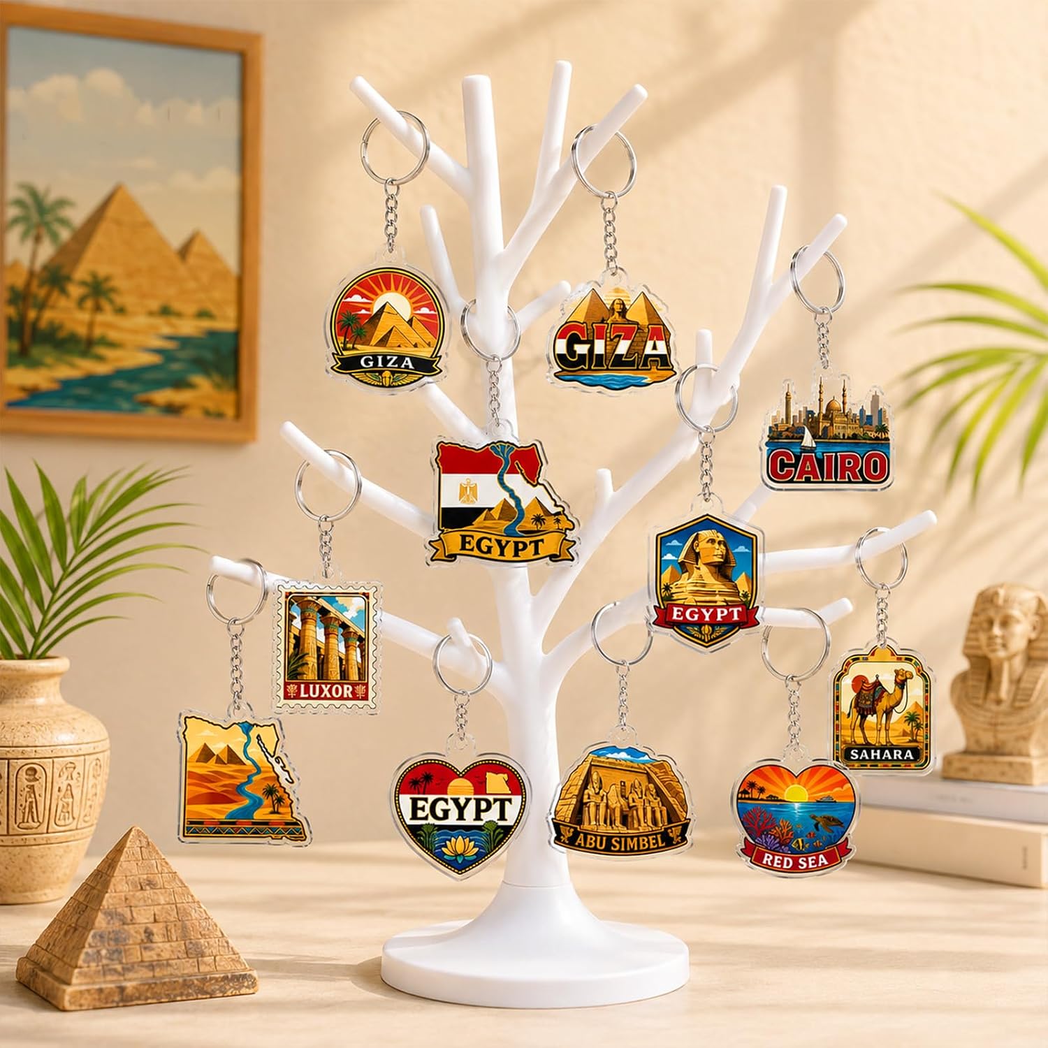 12Pcs Egypt Keychains Souvenir Set Egyptian Travel Souvenirs Pyramids Sphinx Cairo Landmark Pendant Acrylic Key Rings for Backpacks Bag Charm Birthday Party Favors Travel Gifts