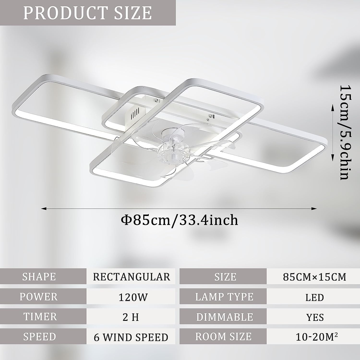 LugEz LED Ceiling Fan with Lights and Remote Control, Dimmable 3-Head Rectangular Flush Mount Low Profile Fan Light, for Bedroom Living Room Headlight with Electric Fan (Color : White, Size : 33.4in