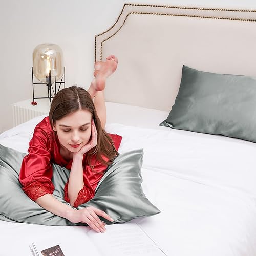 Miniatura 5 de KINMEROOM Funda de almohada de satén para cabello y piel, paquete de 2 fundas de almohada blancas, juego de 2 fundas de almohada de tamaño Queen,