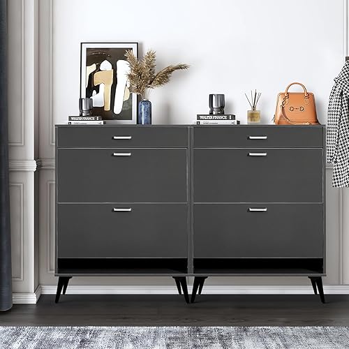 Miniatura 7 de Zapatero delgado con puertas, zapatero de madera con 2 cajones abatibles, moderno armario de almacenamiento de zapatos para entrada, pasillo, sala