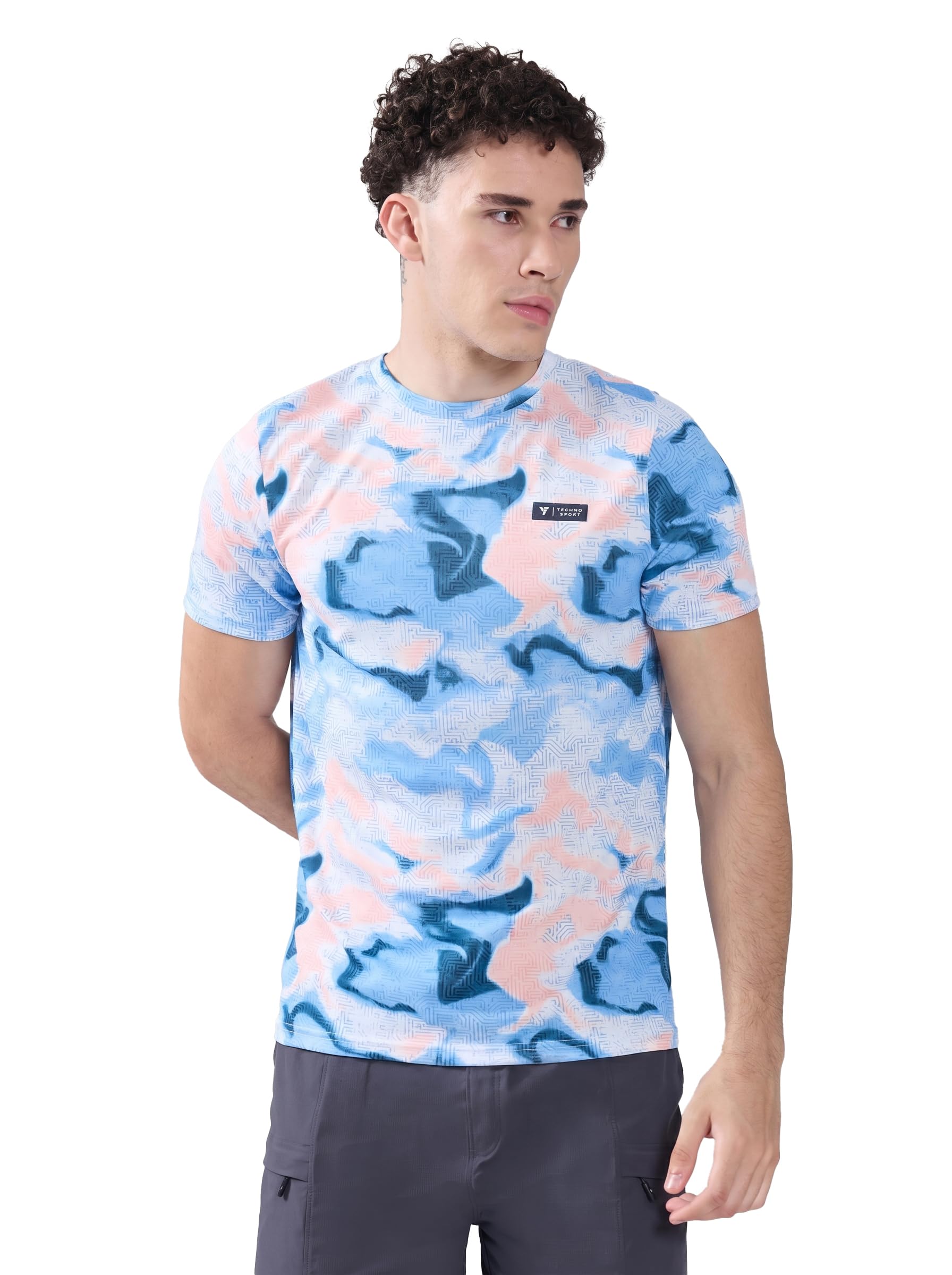 TECHNOSPORT Men's TECHNOCOOL+ Abstract Print Slim Fit Sports T-Shirt Quick Dry Round Neck Performance Tee with UPF 50+, Anti-Odour, Anti-Microbial & 2-Way Stretch Gym, Running, Training & Casual Wear-image-7