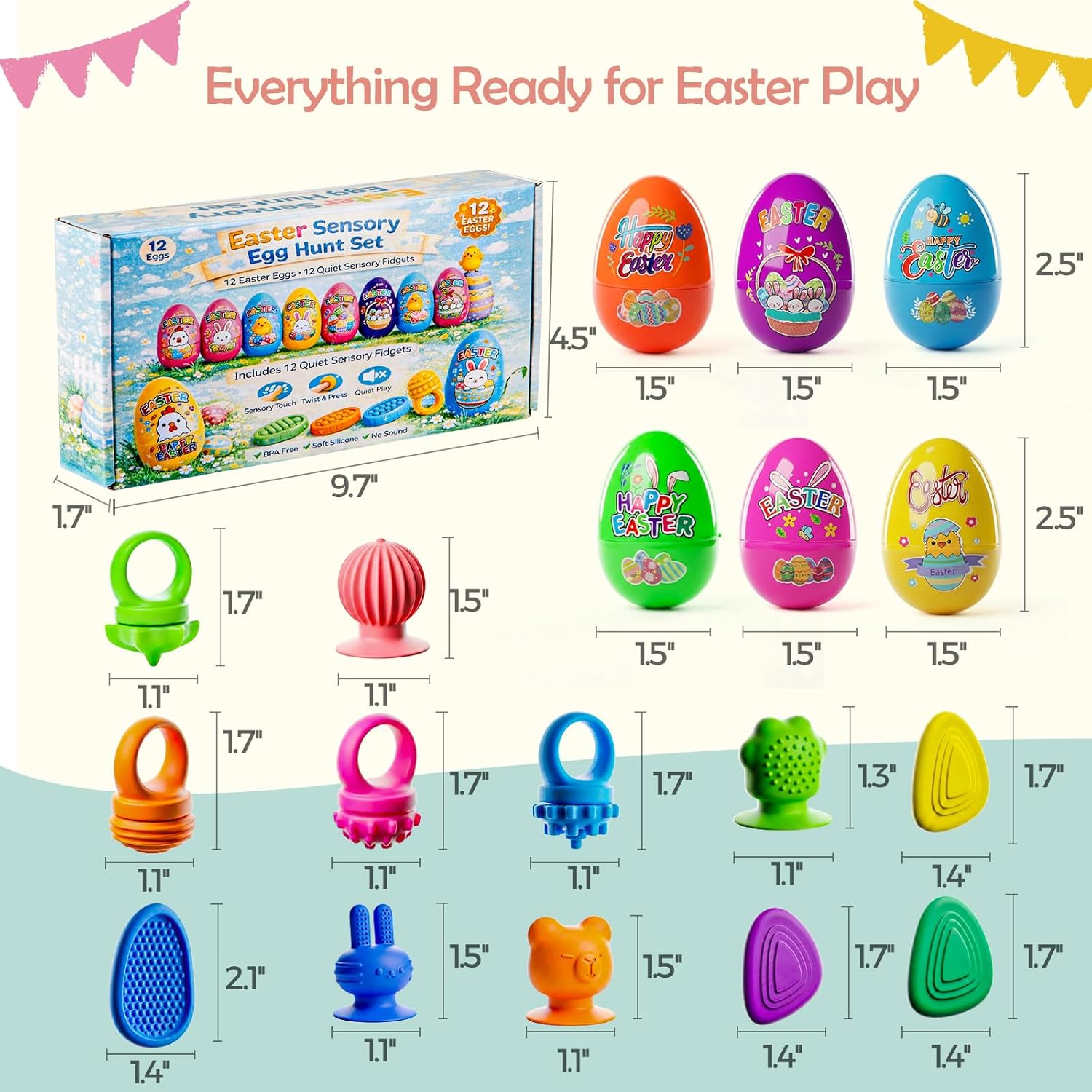 Easter Basket Stuffers, Prefilled Easter Eggs with Quiet Sensory Fidgets, Textured Stone & Suction Toys & Spinner Ring for Kids Calming, Autism Anxiety Tools Classroom Prizes (12 PCS)