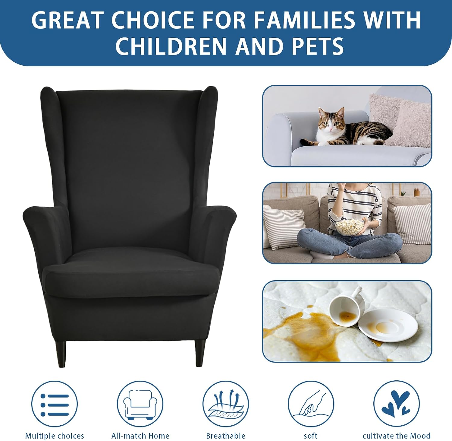 Wingback Chair Slipcover 2 Piece Stretch Armchair Cover Furniture Protector Washable Spandex Wing Back Chair Covers for Living Room