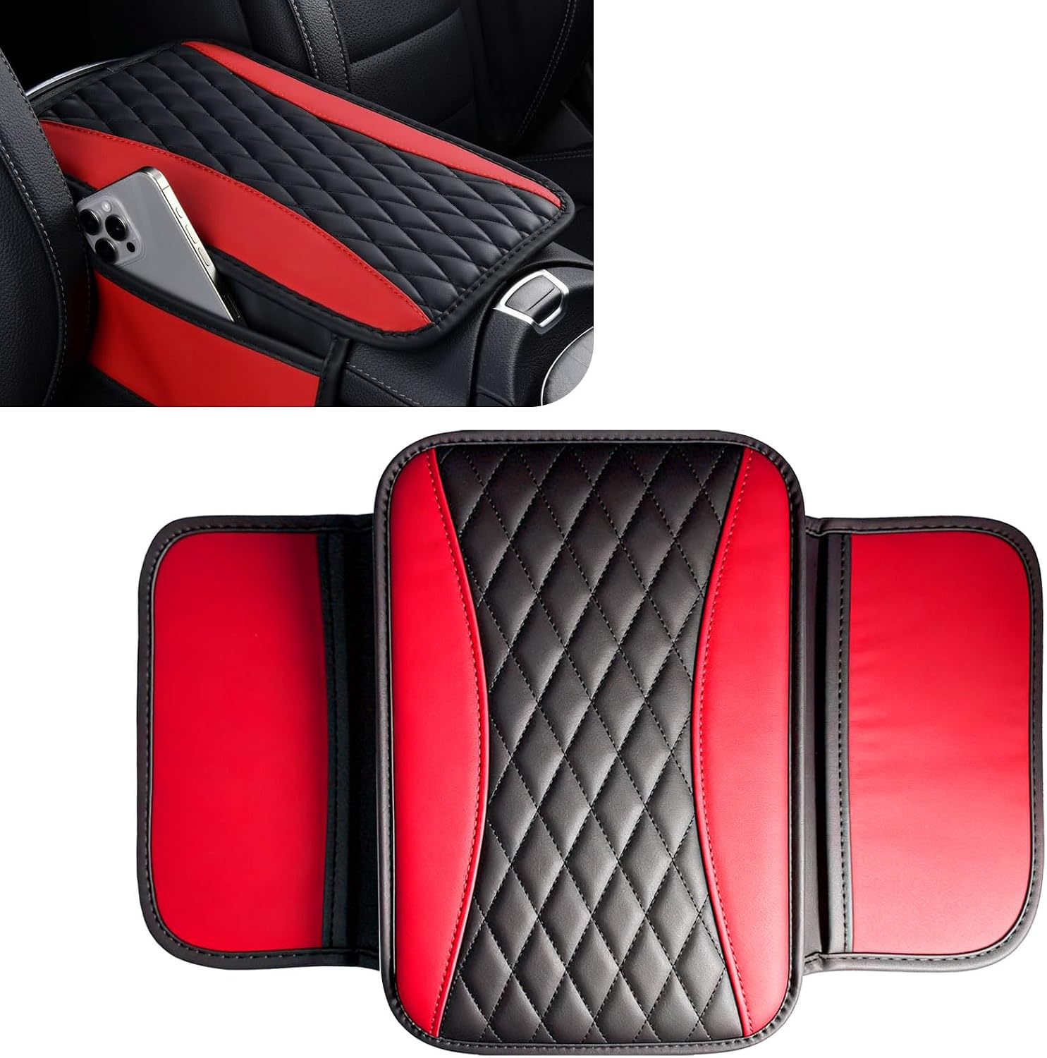 Patchwork Leather Center Console Cover, Upgraded Car Armrest Cover with 2 Storage Bags, Universal Arm Rest Covers for Car, Vehicle Interior Accessories Middle Console Cushion Organizer (White)
