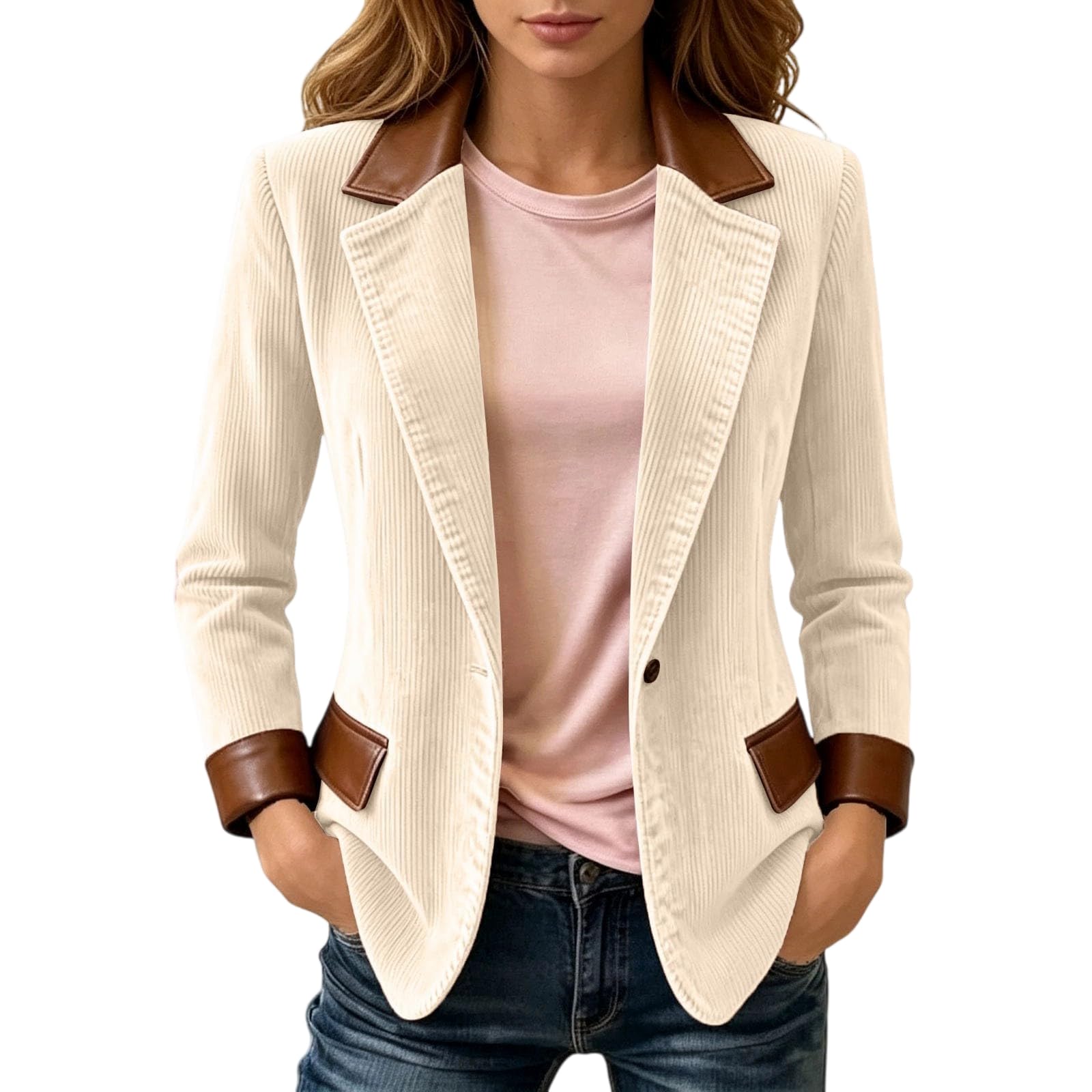 Blazer da Donna in Velluto A Coste Elegante con Revers A Contrasto in Similpelle Polsini E Finiture da Completo Stile Vintage Slim Maniche Lunghe Un Bottone Capospalla Autunno/Inverno Cappotto da La