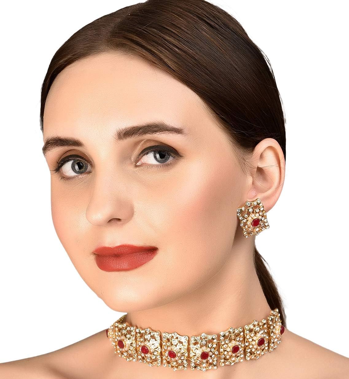 Touchstone Mughal Jali Collection Indian Bollywood White Diamante Designer Choker Necklace Set Jewelry In Red Tone For Women - Image 2