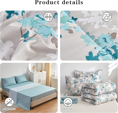 Miniatura 4 de Flysheep Juego de ropa de cama botánica gris en una bolsa, tamaño individual, 6 piezas, hojas grises aguamarina, elegante juego de ropa de cama