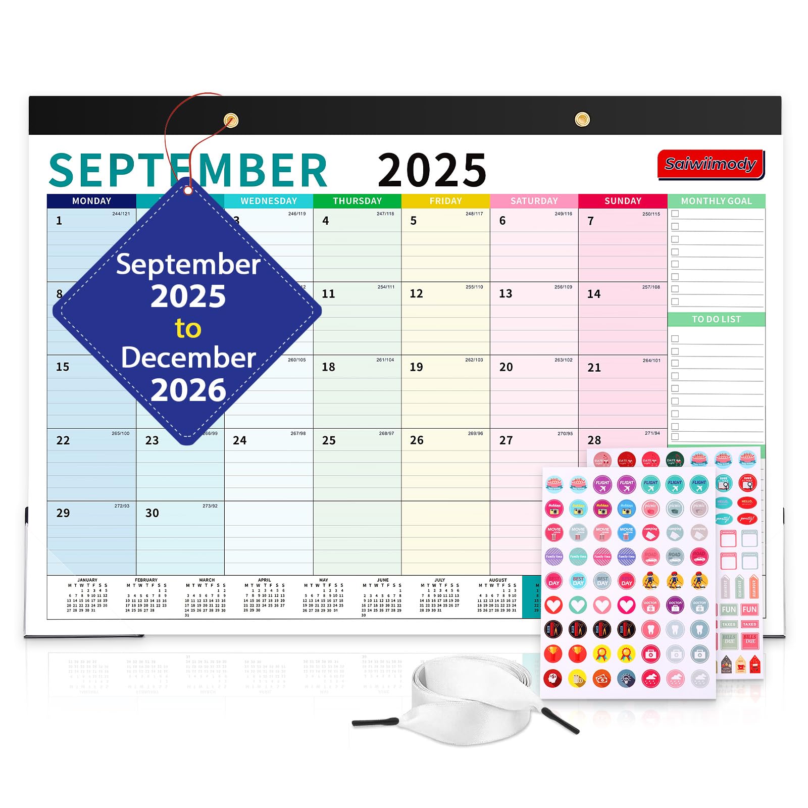 Calendar 2026 UK Large Wall Calendar 2025-2026 with Waterproof Cover Monthly Planner from Now until December 2026 with Large Blocks Daily Monthly Planning Organizer, 43 x 31 cm - Colorful