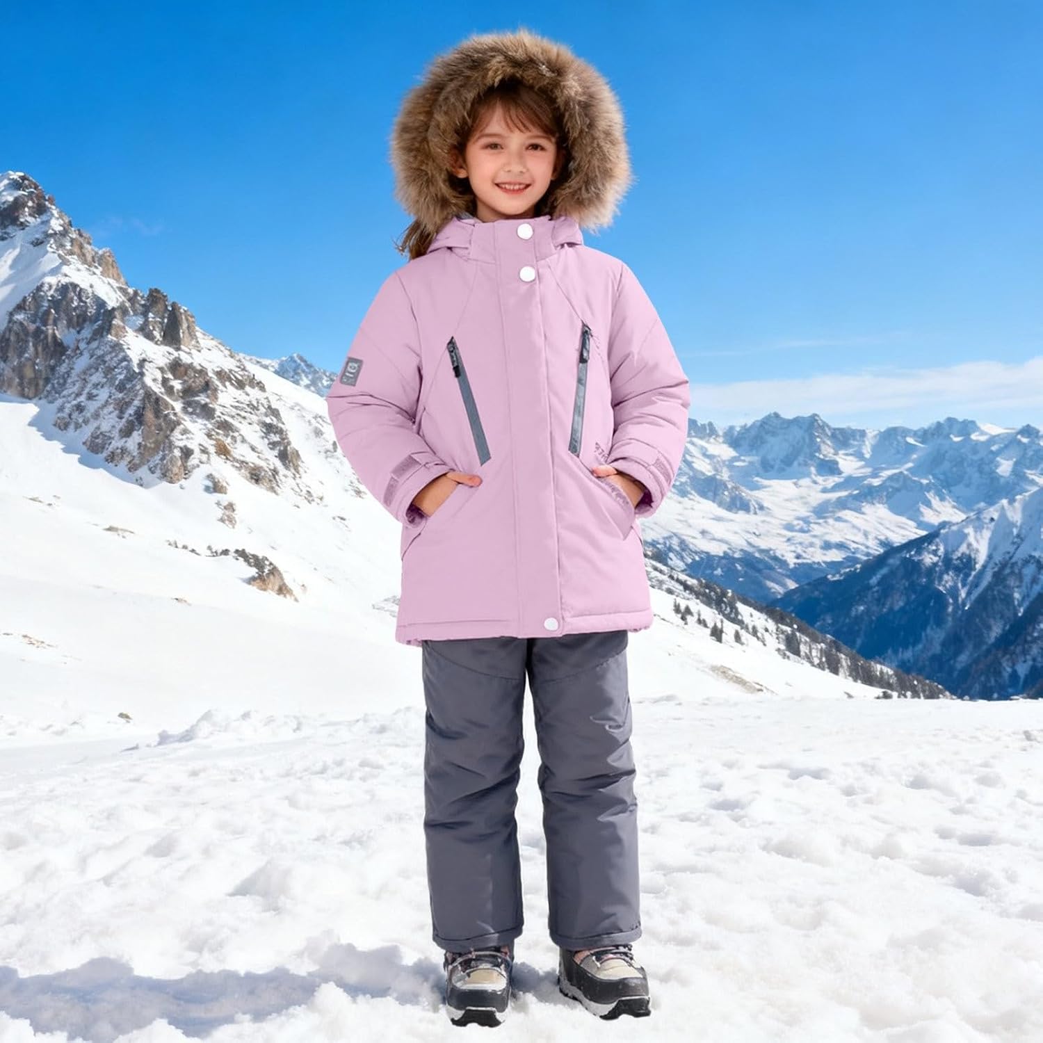 Winter Puffer Snowsuit for Kids Boys Girls Faux Fur Hooded Ski Jacket Snow Bibs Pants Warm Windproof 2 Piece Set