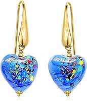 Kaibig Handmade Murano Glass Heart Drop Earrings for Women - 18K Gold-Plated, Lightweight Vibrant Blue Dangle Jewelry Gift